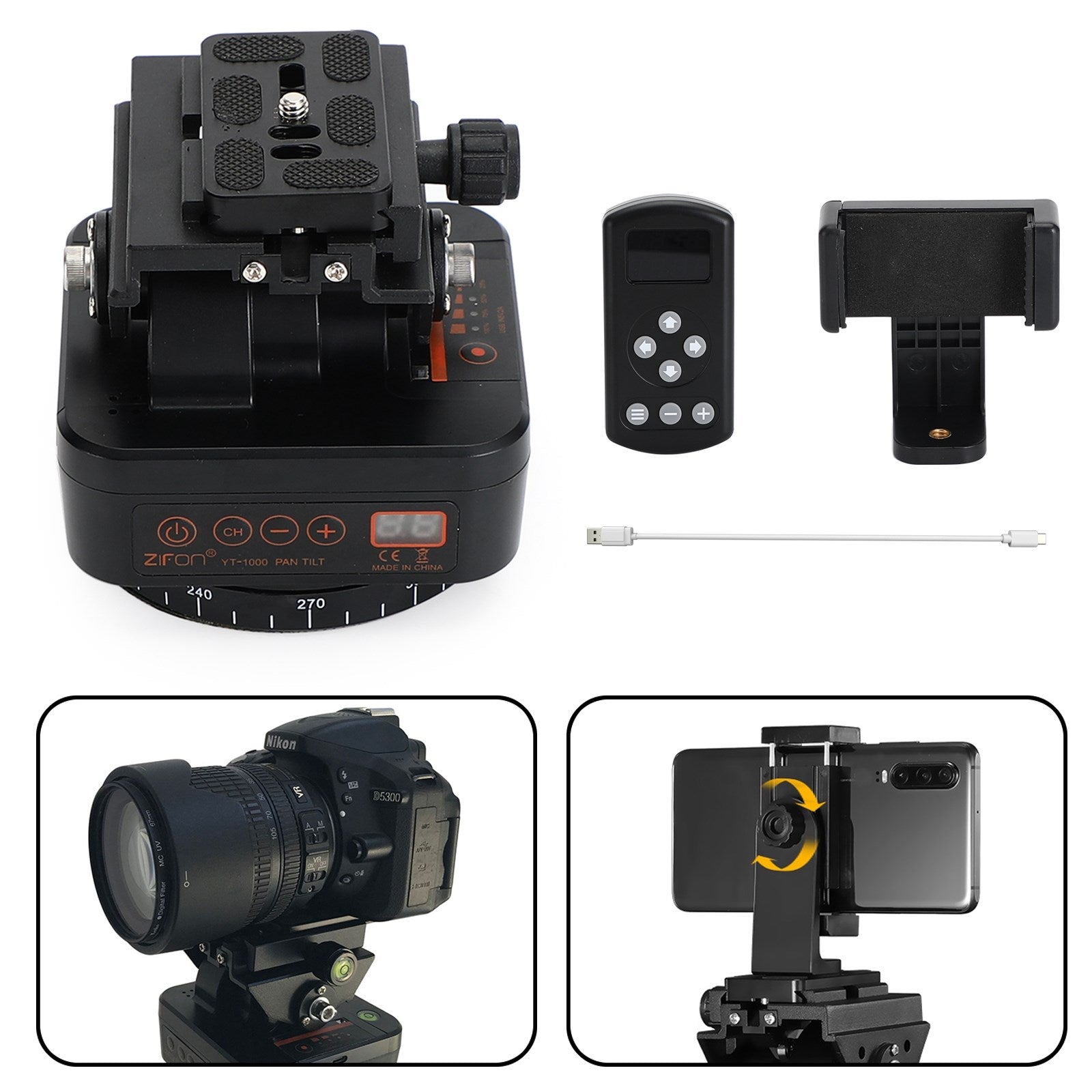 ZIFON YT-1000 Remote 360掳 Panoramic Rotating Tripod Head For Gopro DSLR Phone