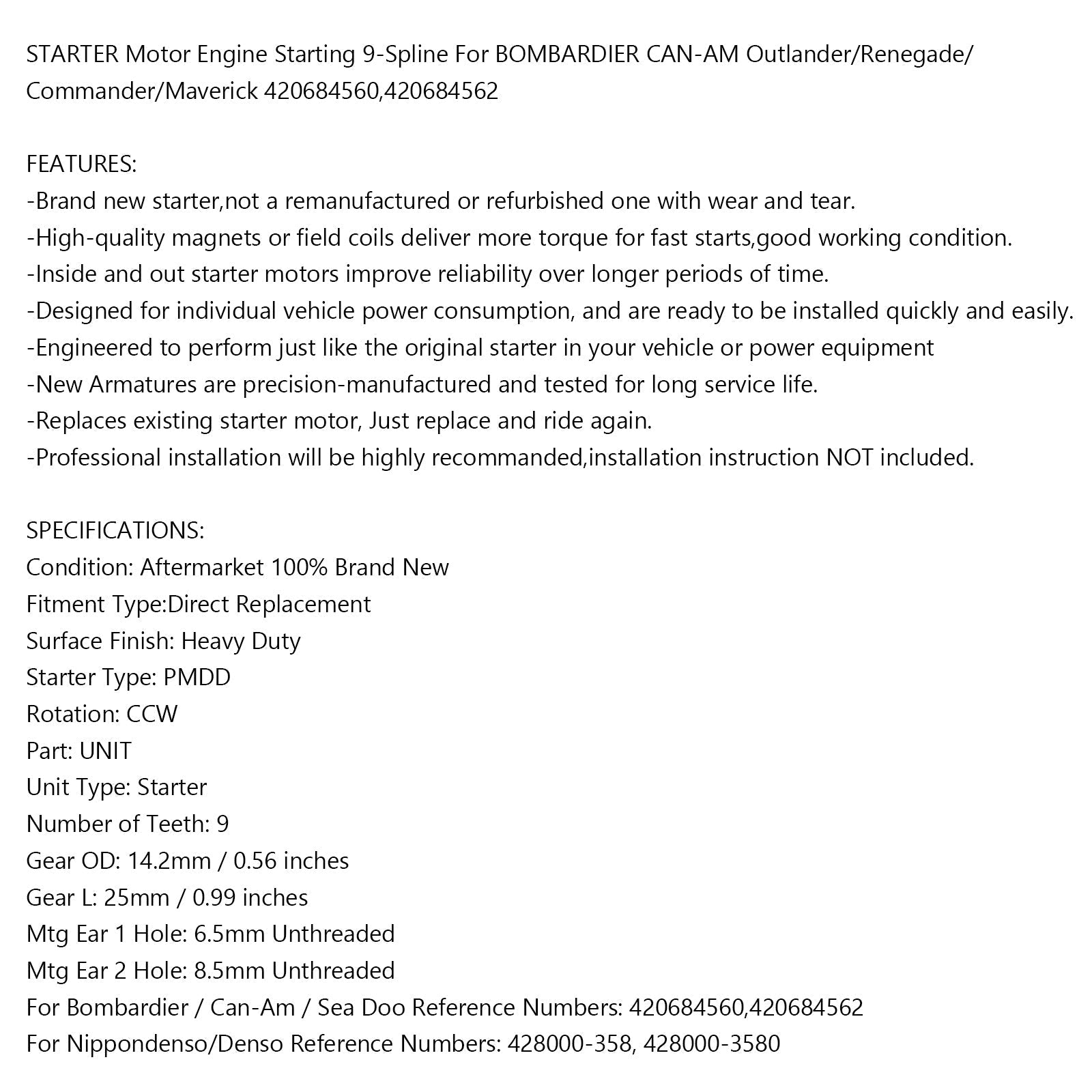 Starter voor Ski-Doo Expedition/Skandic/Legend V800 07-09 420684560 420684562 Generiek