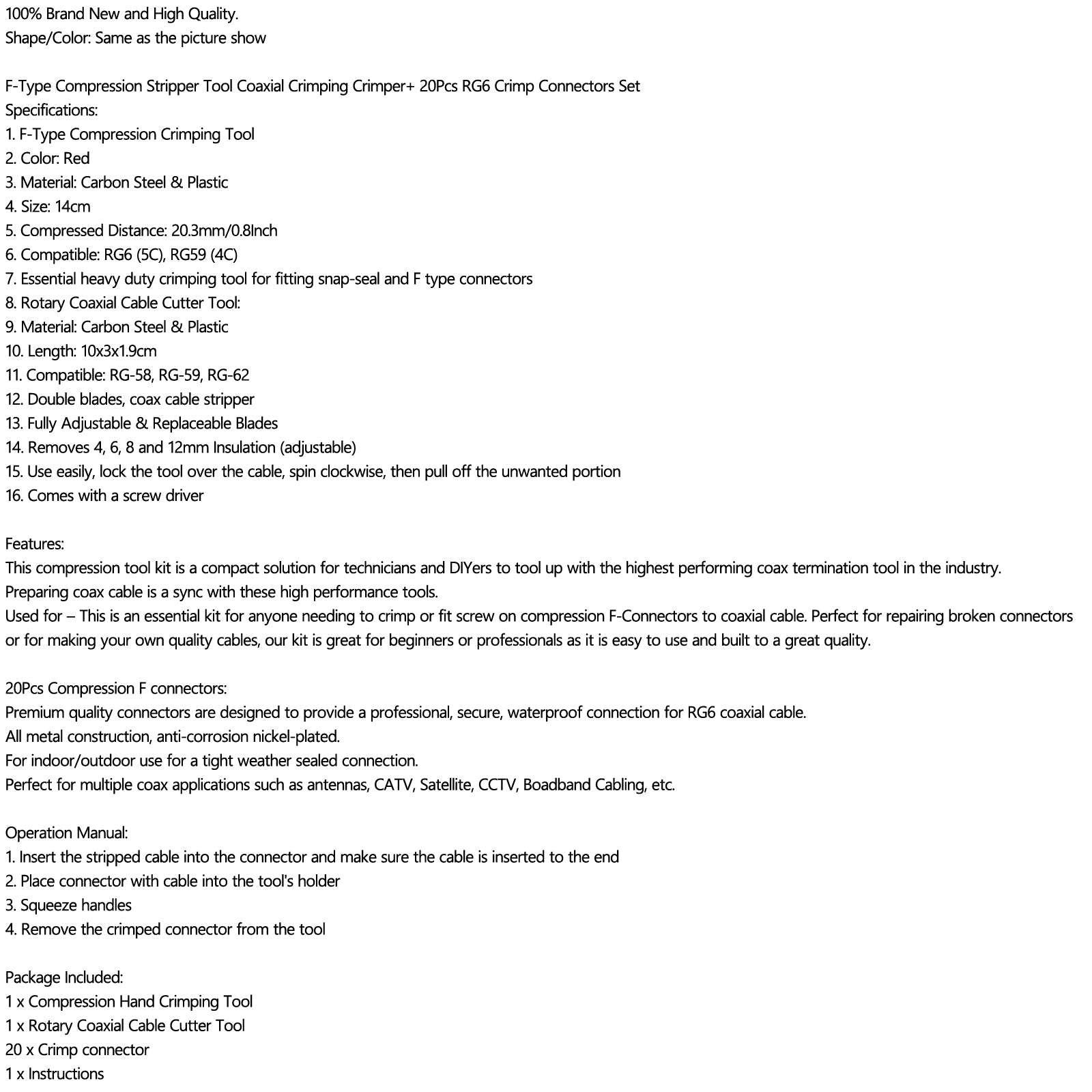 Kompresný striptér Nástroj Coaxiálny Crimper F-Type + 20ks RG6 Crimp Connectors