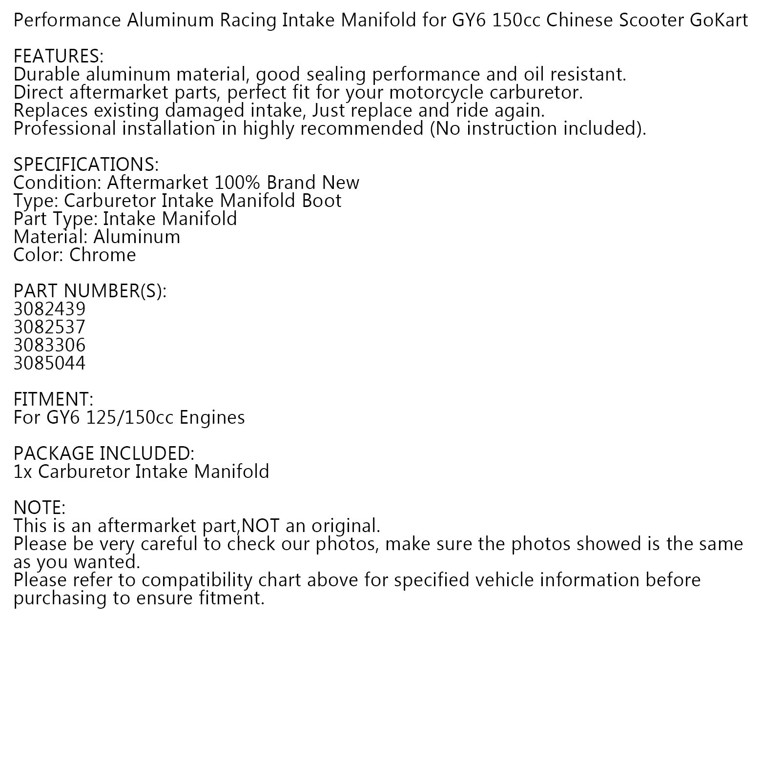 Hliníkový sacie potrubie sacharid pre gy6 agility 125 50 Filly 50 hrdinstvo 125 150 generický