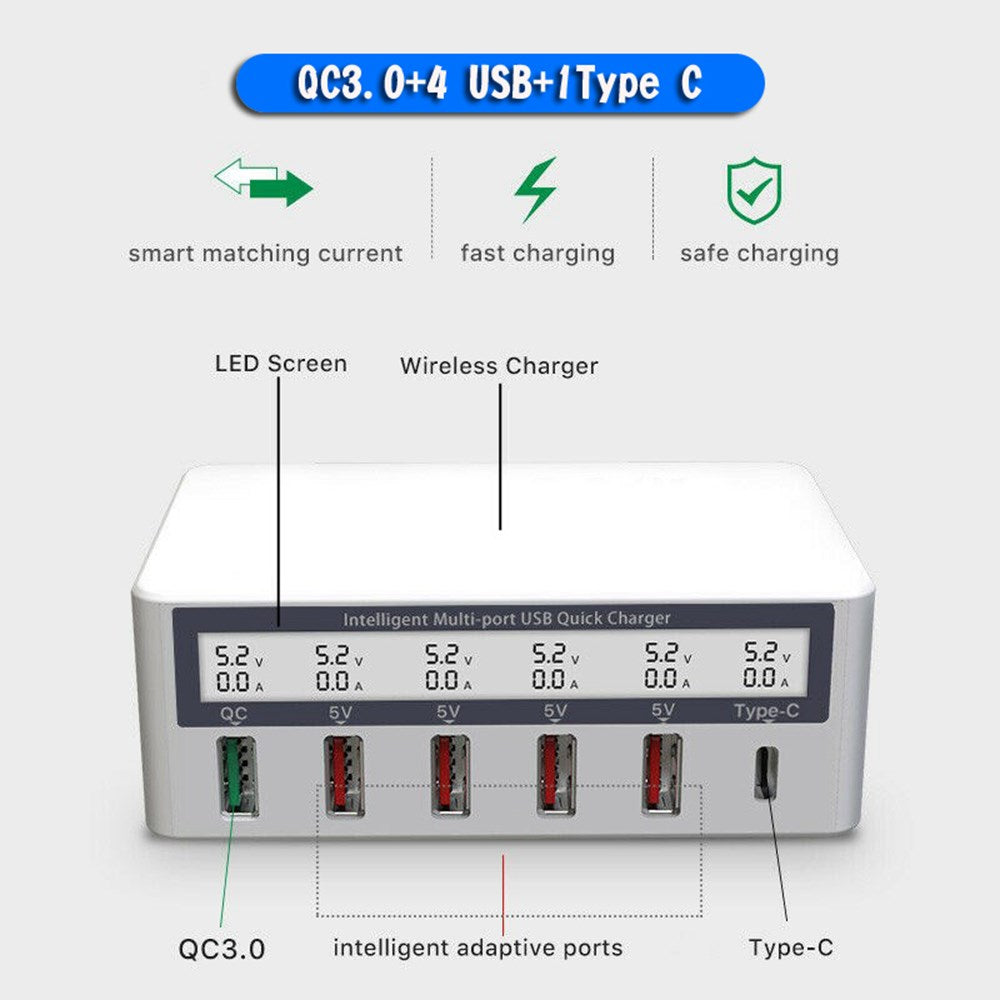 Multiport Quick USB Charger Station med trådløs ladingspute LCD -skjerm EU