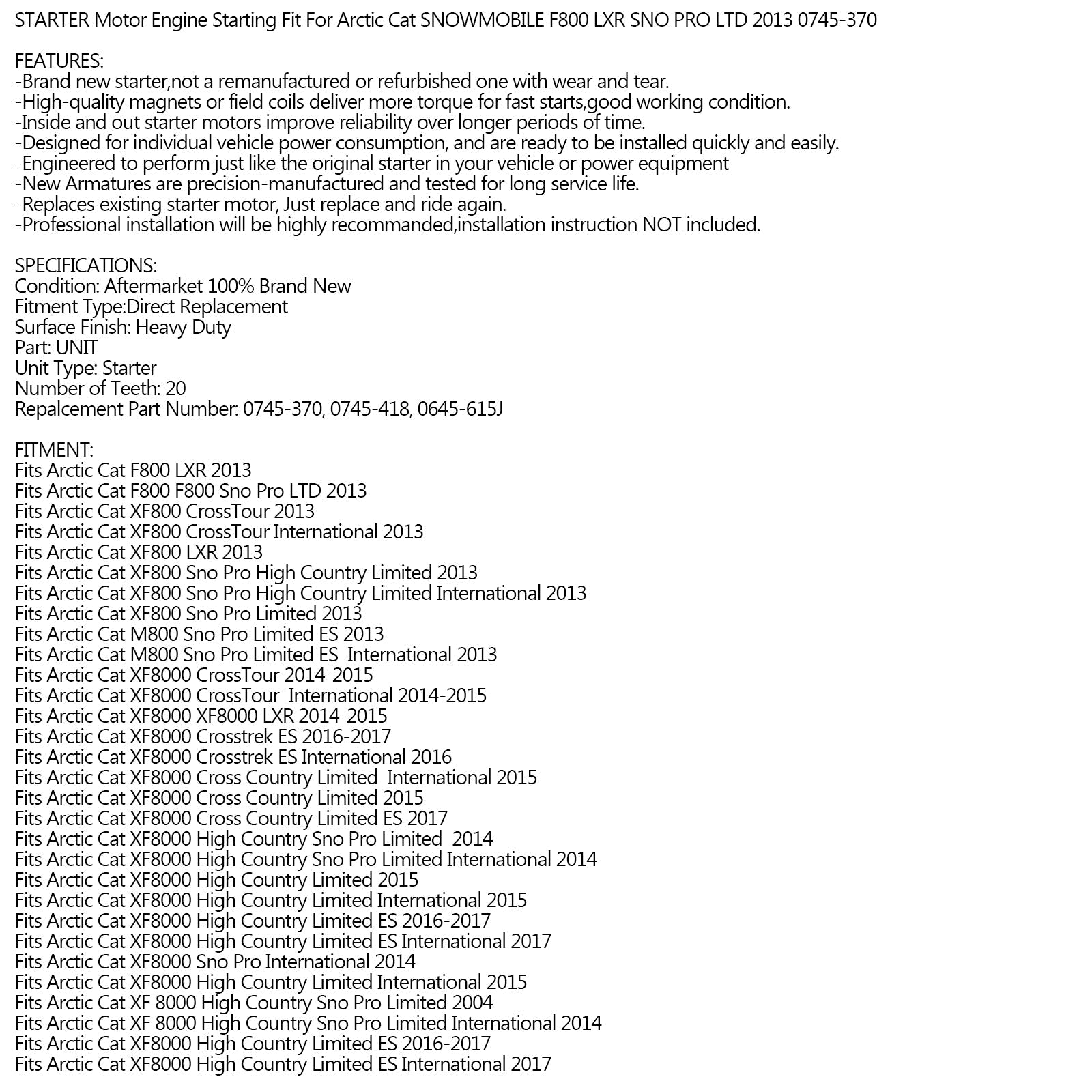 Ny 12V-start för Arctic Cat Snowmobile F800 LXR SNO Pro Ltd 2013 0745-370 Generisk