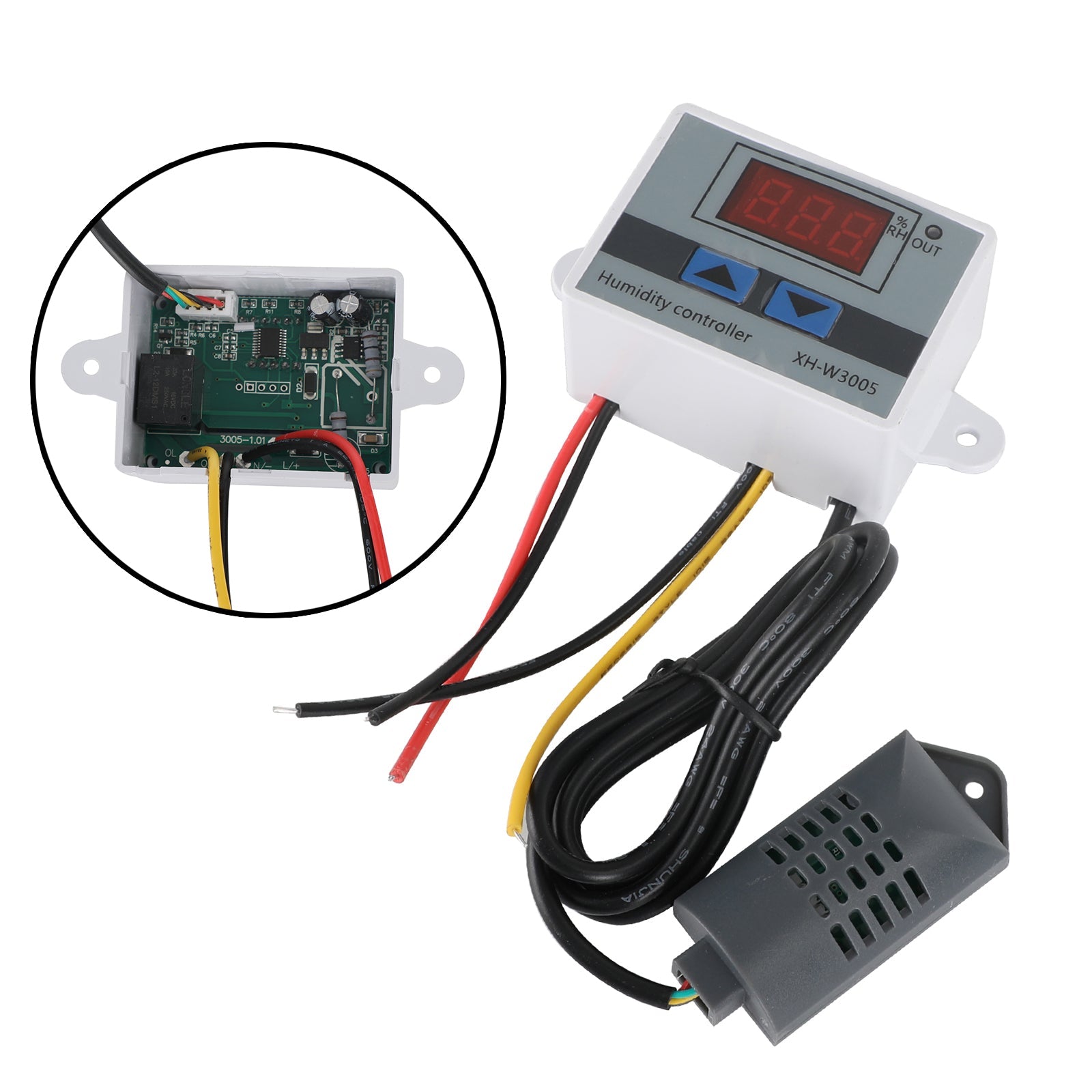 XH-W3005 Controlador de humedad digital con higrómetro y interruptor de 12 V, 24 V y 110-220 V