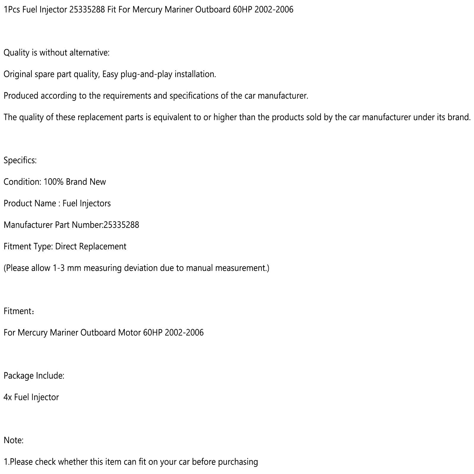 4 Uds inyector de combustible 25335288 apto para fueraborda Mercury Mariner 60HP 2002-2006
