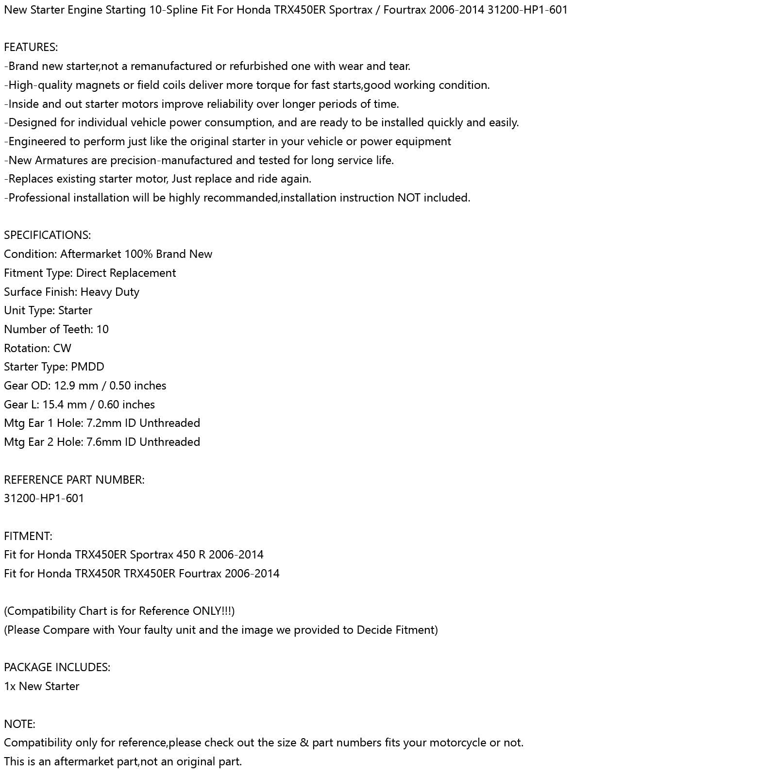 2006-2014 Honda TRX450ER SPORTRAX 450 R ŠTARTOVÝ MOTOR SÚČASŤ 31200-HP1-601
