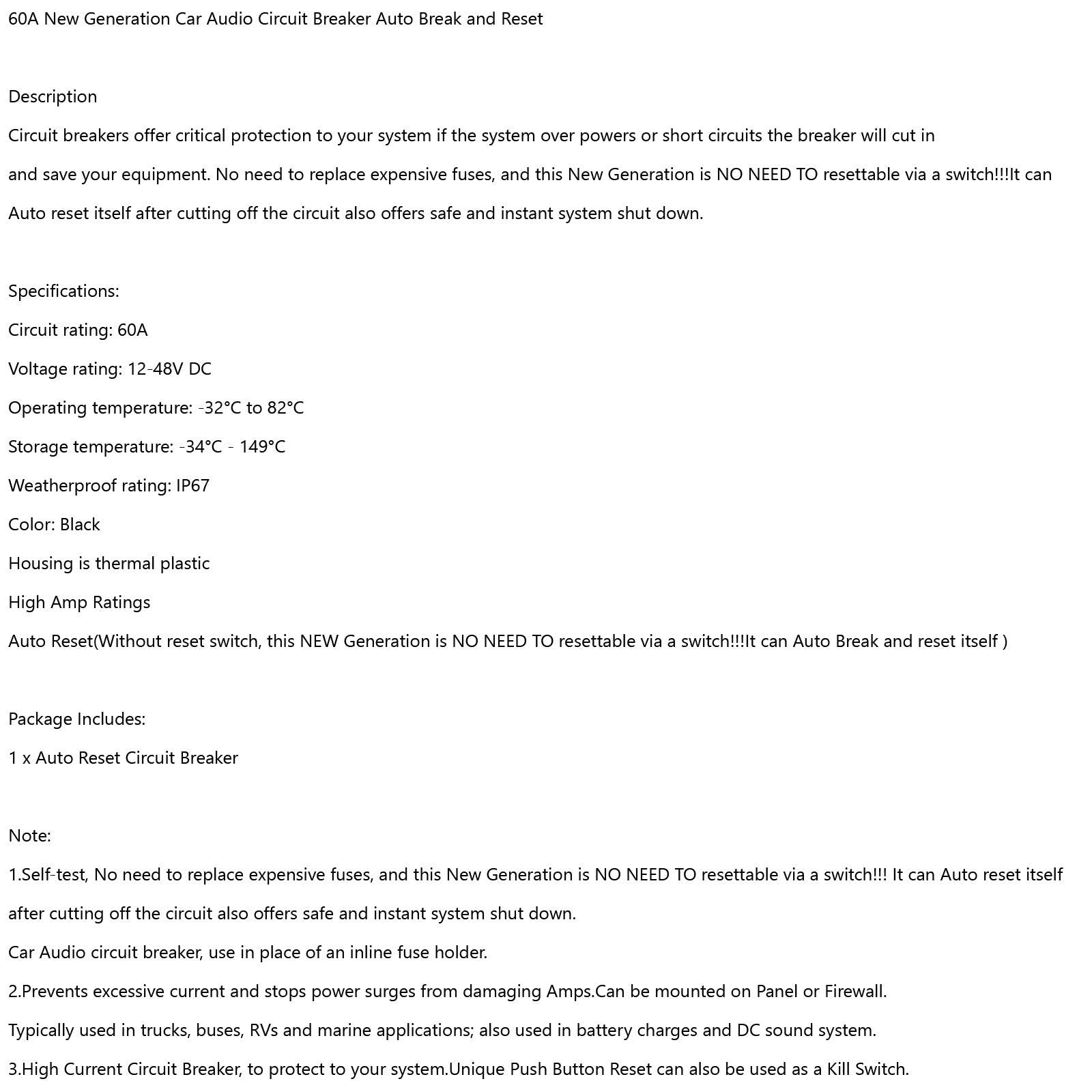 60A AMP Stroomonderbreker Zekering 12-48V DC Auto Boot Auto Reset Schakelaar IP67