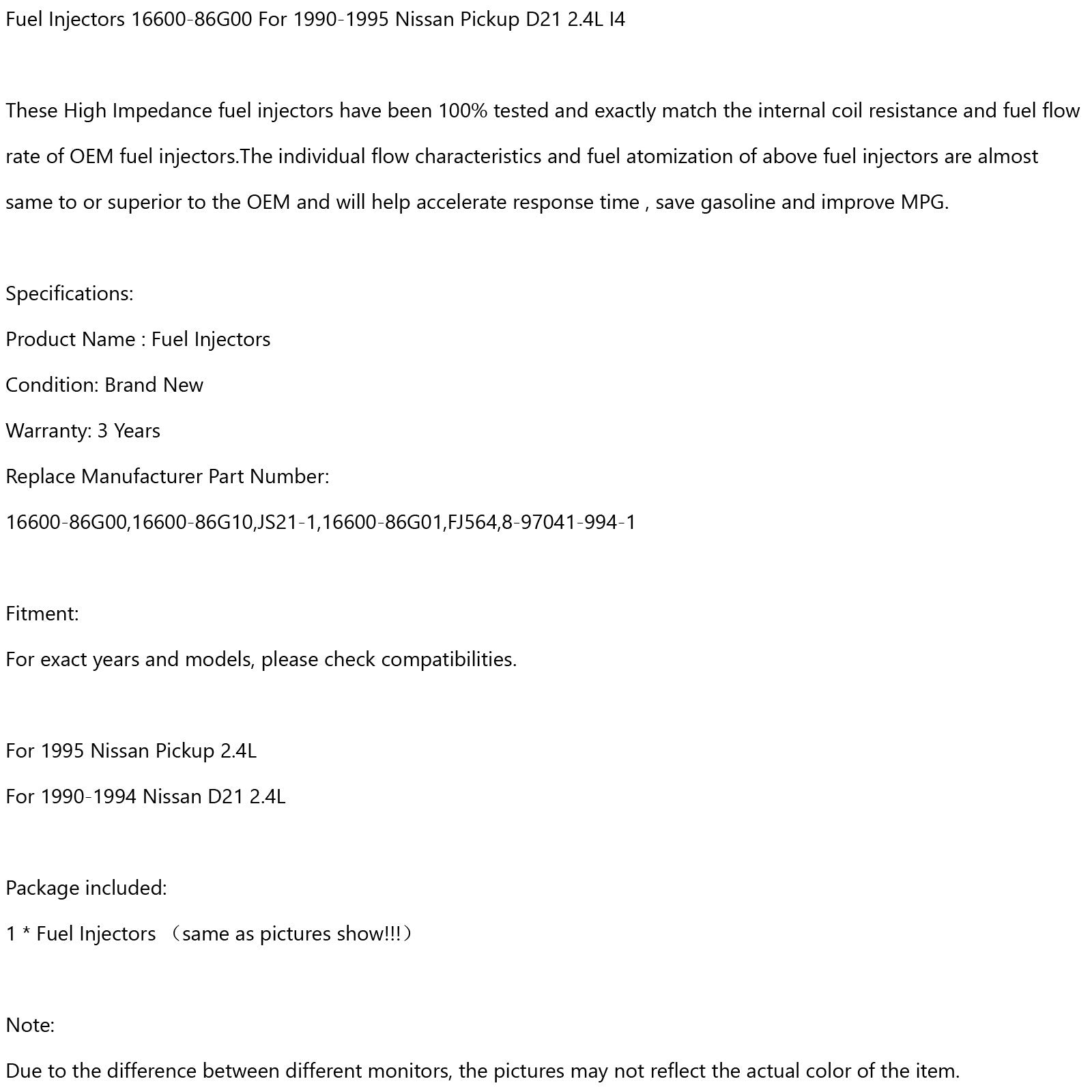 1 stks Brandstofinjectoren 16600-86G00 Fit 1990-1995 Nissan Pickup D21 2.4L I4 Generieke