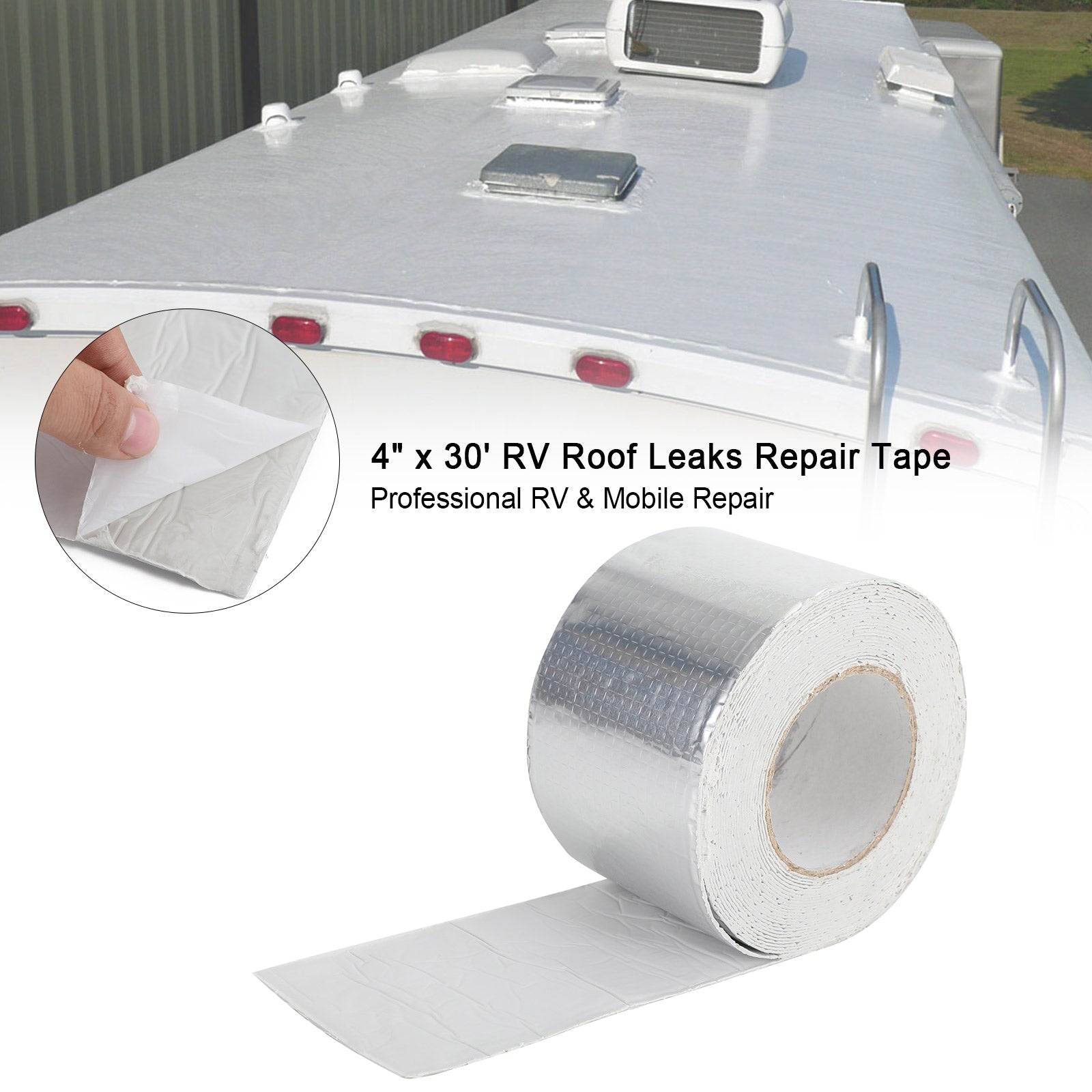 4" x 30' RV-tettetape UV-vanntett taklekkasjer reparasjonstape forsegling, klebrig sølv