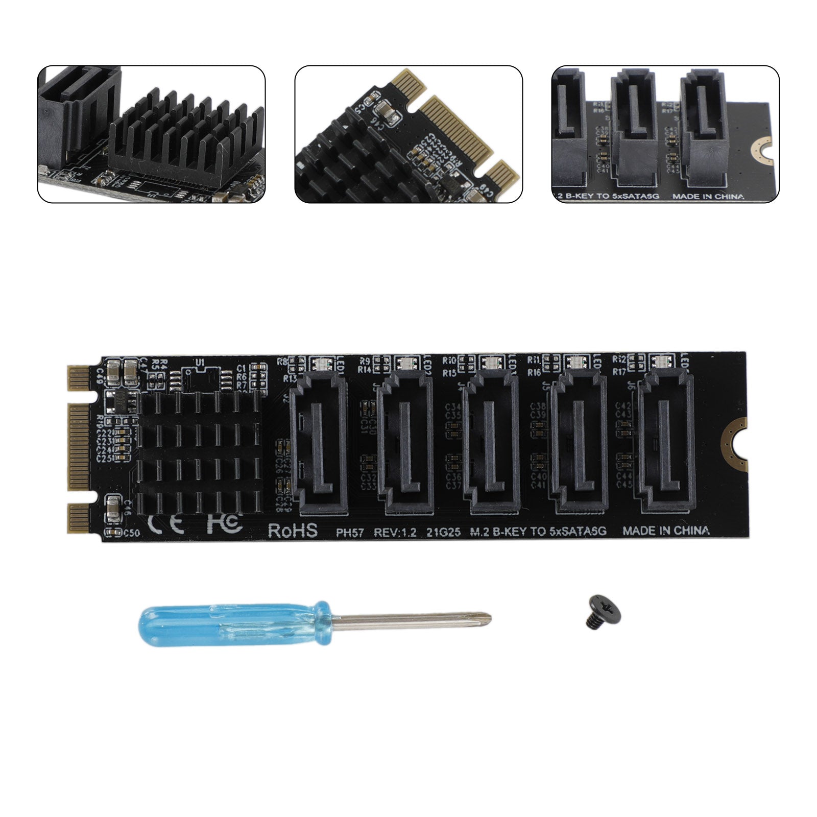 Adaptador M.2 a SATA 3.0 JMB585 Tarjeta de expansión de unidad de disco duro de 5 puertos para PH56