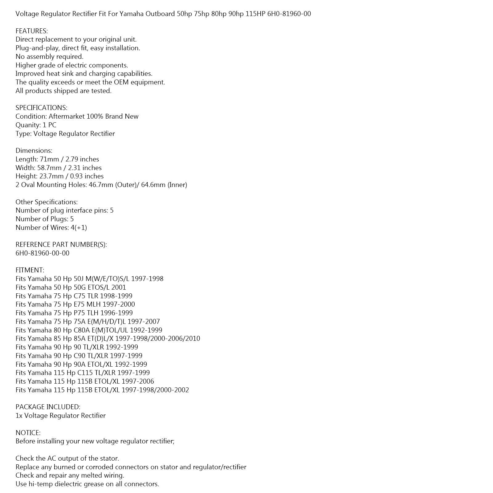 Regulator Rectifier Fit for Yamaha Outboard 50-115hp 1992-2010 6H0-81960-00-00