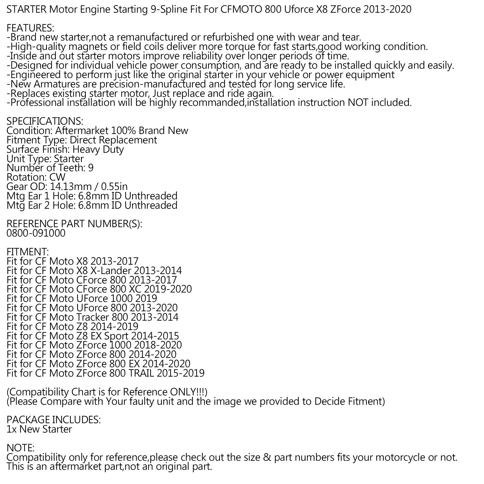 Startermotor Fit för CF Moto X8 Z8 Uforce Cforce Zforce 800 13-20 0800-091000 Generisk
