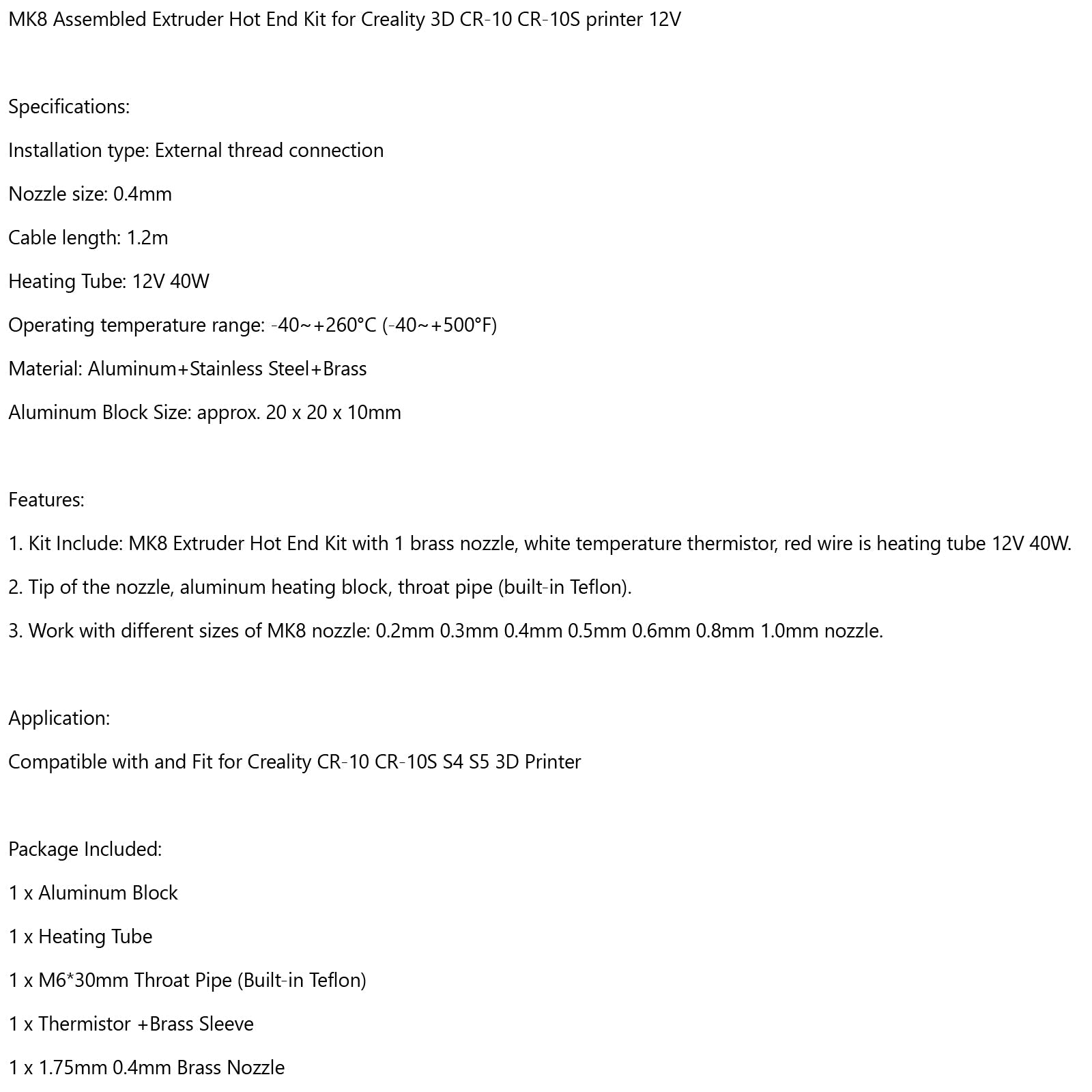 3D Printer Upgrade Extruder Hot End Kit 12V Fit for Creality 3D CR-10 CR-10s