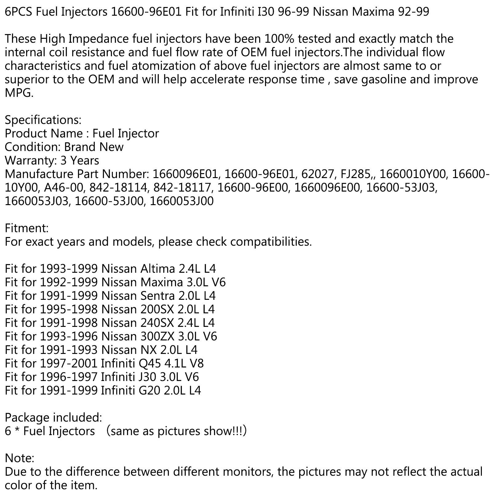 6pcs injecteurs de carburant 16600-96E01 Fit pour Infiniti i30 96-99 Nissan Maxima 92-99 générique