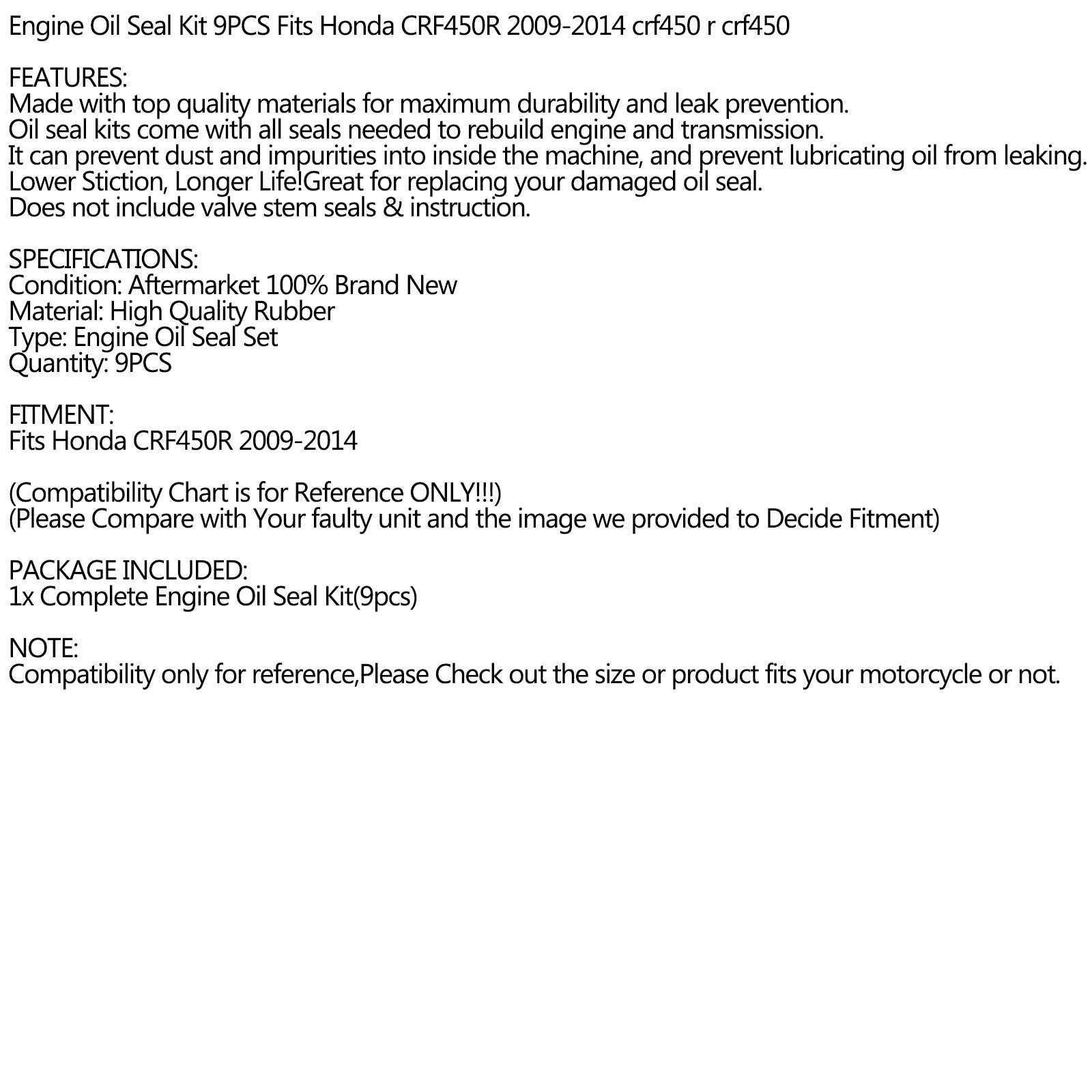 Ensemble de kit de joint d'huile moteur 9pcs joints pour Honda CRF450R CRF450 CRF 450 R 2009-2014 générique