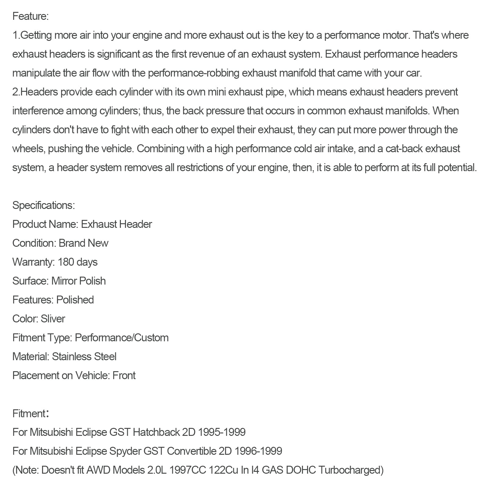 1996-1999 Mitsubishi Eclipse Spyder GST Convertible 2Dstainless Steel Auto Manifold Headers