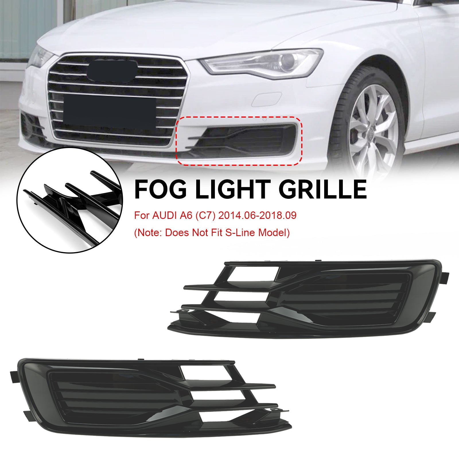 2014-2018 Audi A6 C7 2PCS Front Bumper Foglight Cover Grill Grille Black
