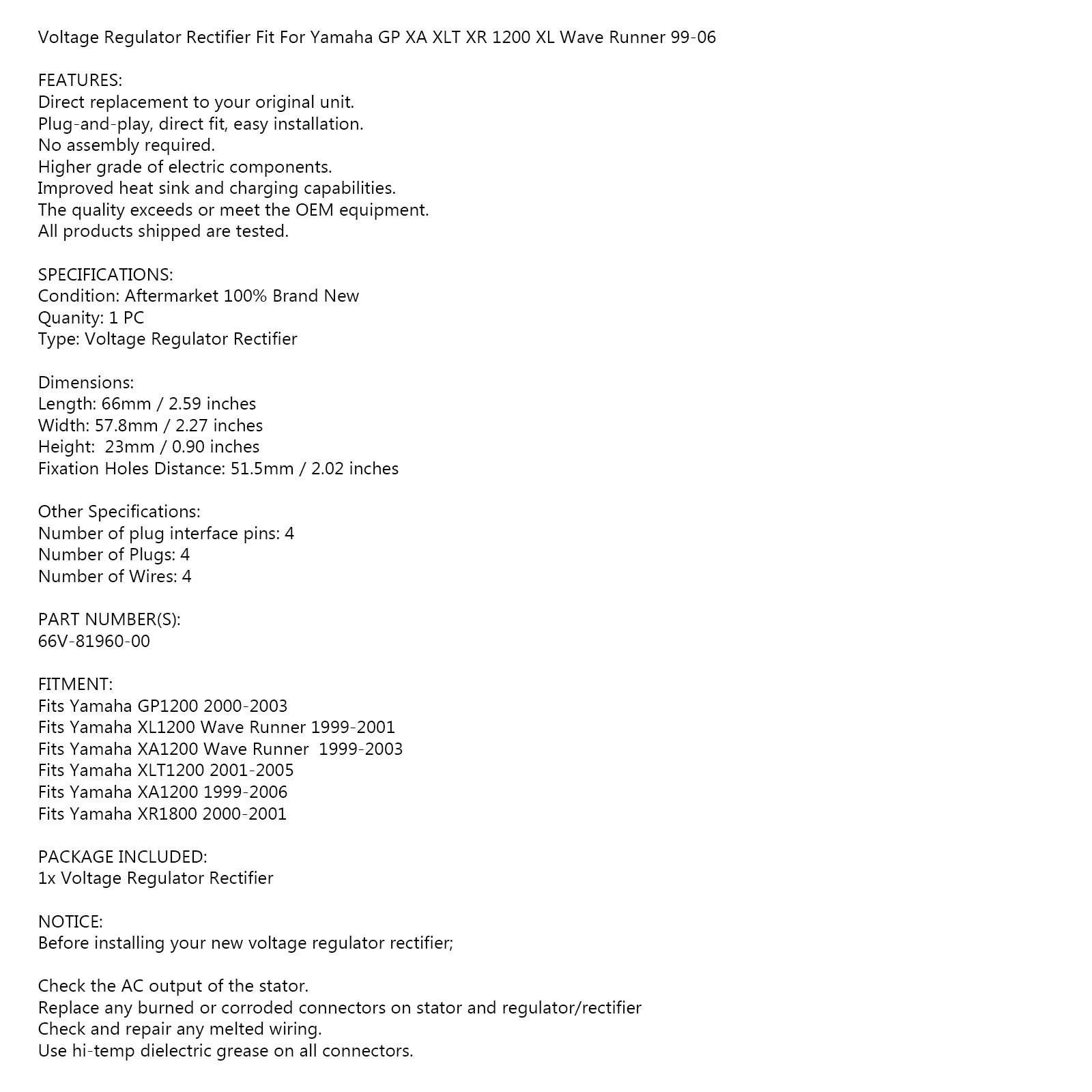 Régulateur redresseur de tension pour Yamaha XL1200 XLT1200 GP1200 66V-81960-00-00 générique