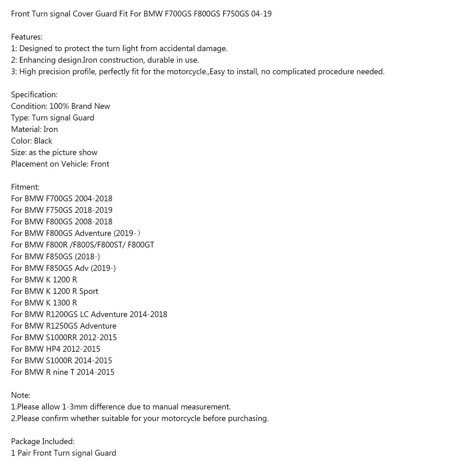 Cubierta protectora de señal de giro delantera para motocicleta, compatible con BMW F700GS F800GS F750GS 04-19, genérico