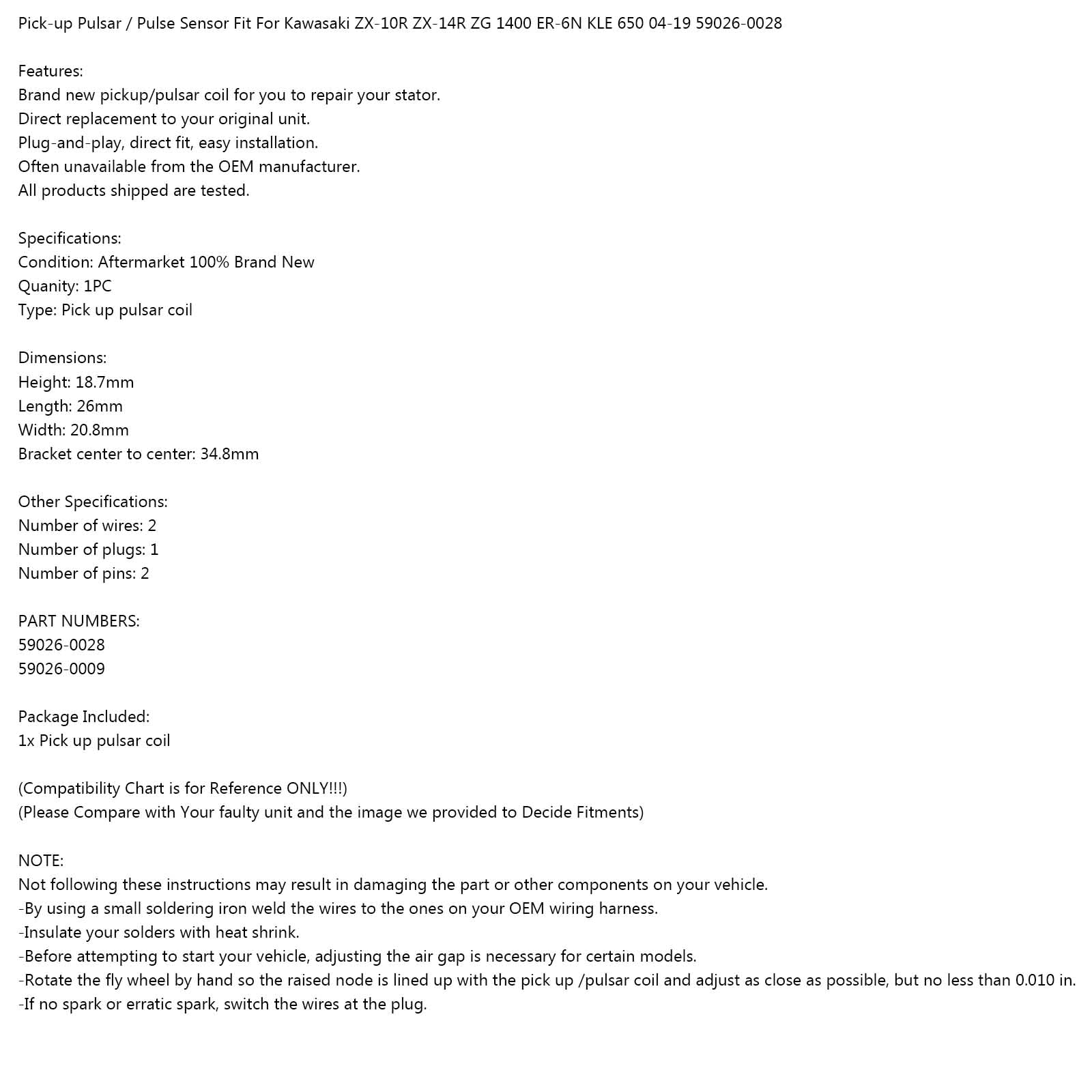 Areyourshop STATOR PULSING COIL Fit voor Kawasaki ZG1400 Concours ZX14 Ninja 06-19 59026-0028