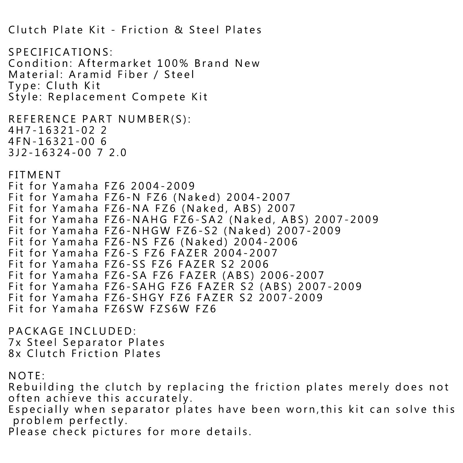 Clutchsett stål & Friksjonsplater passer til Yamaha FZ6 FZ6-N FZ6-NA FZ6-S FZ6-SS Generisk