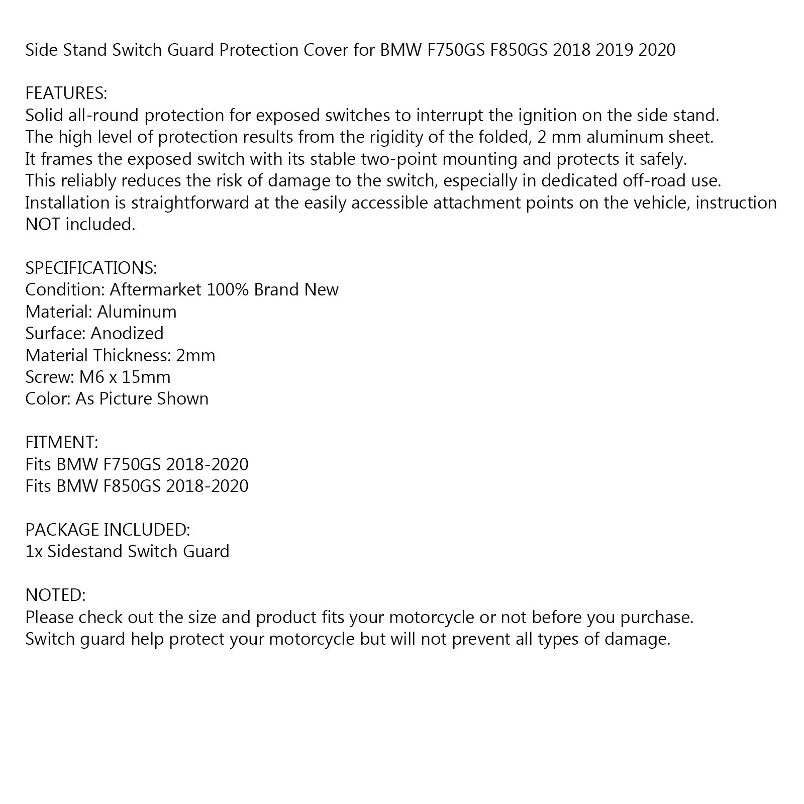 Interrupteur de support latéral côté aluminium ajustement pour BMW F750GS F850GS 2018-2020 générique