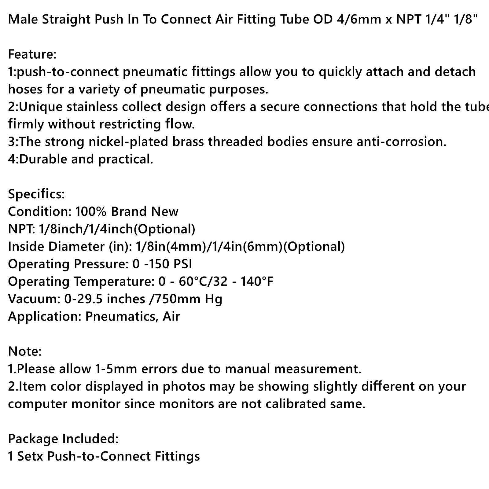 Hane rak instickskoppling för att ansluta luftkoppling slang ytterdiameter 4/6 mm x NPT 1/4 1/8"