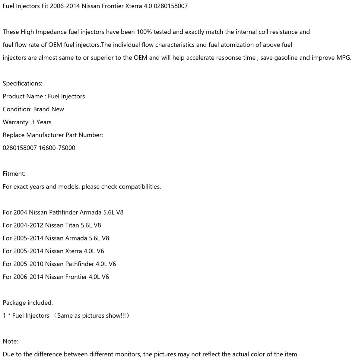 1PCS Brandstofinjectoren Fit 2006-2014 Nissan Frontier Xterra 4.0 0280158007 Generieke