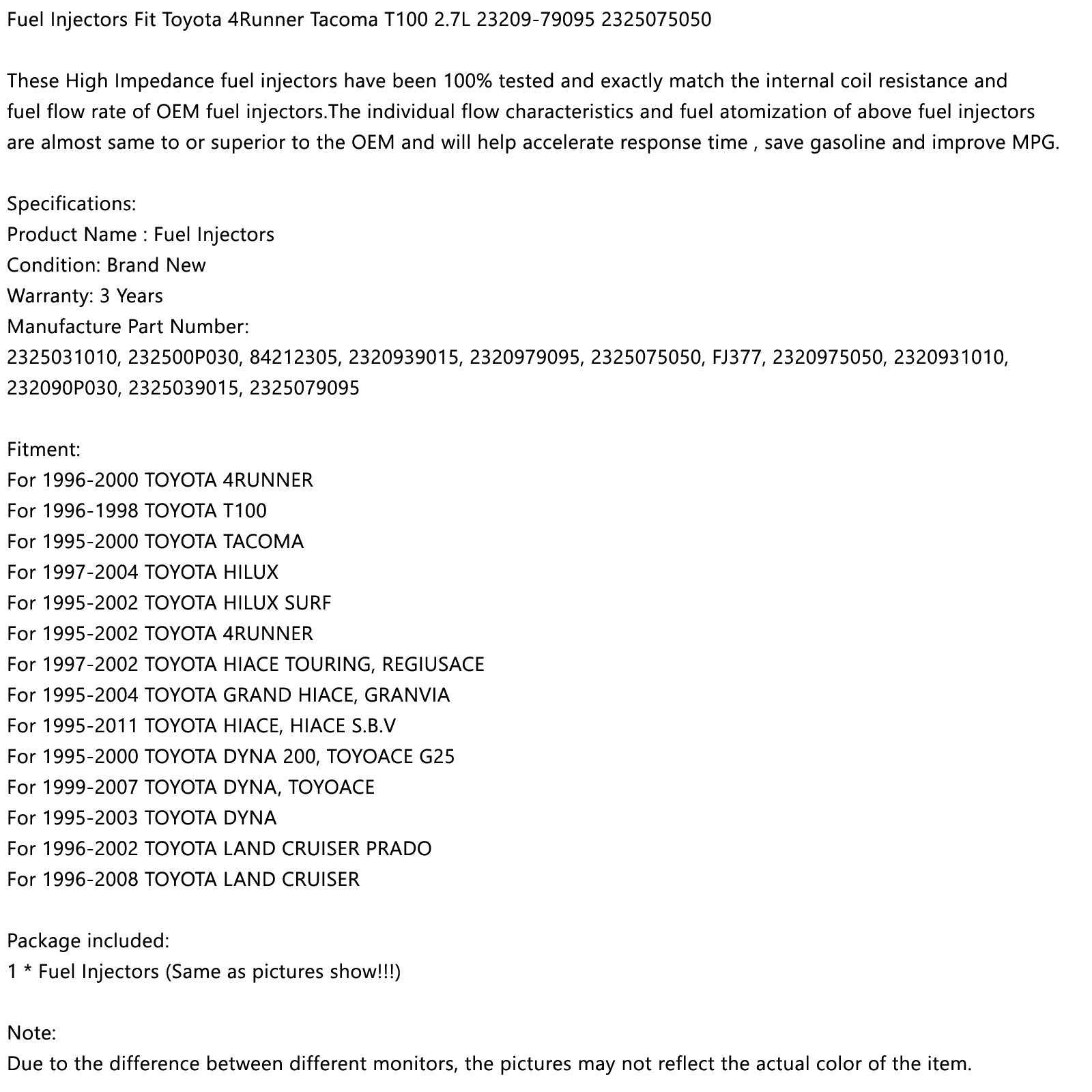 Injecteurs de carburant adaptés à Toyota 4runner Tacoma T100 2,7 l, 1 pièce, 23209-79095 2325075050