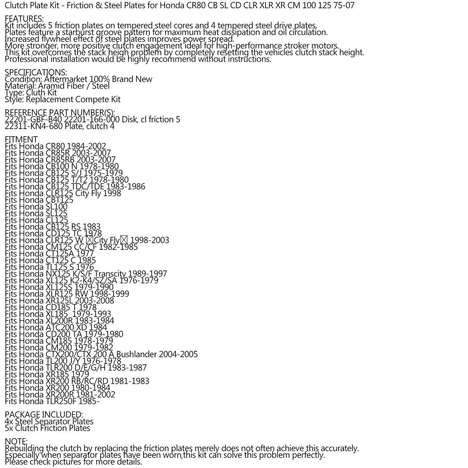 Koppelingsset staal & Wrijvingsplaten voor Honda CR80 CB SL CD CLR XLR XR CM 100 125 Generiek