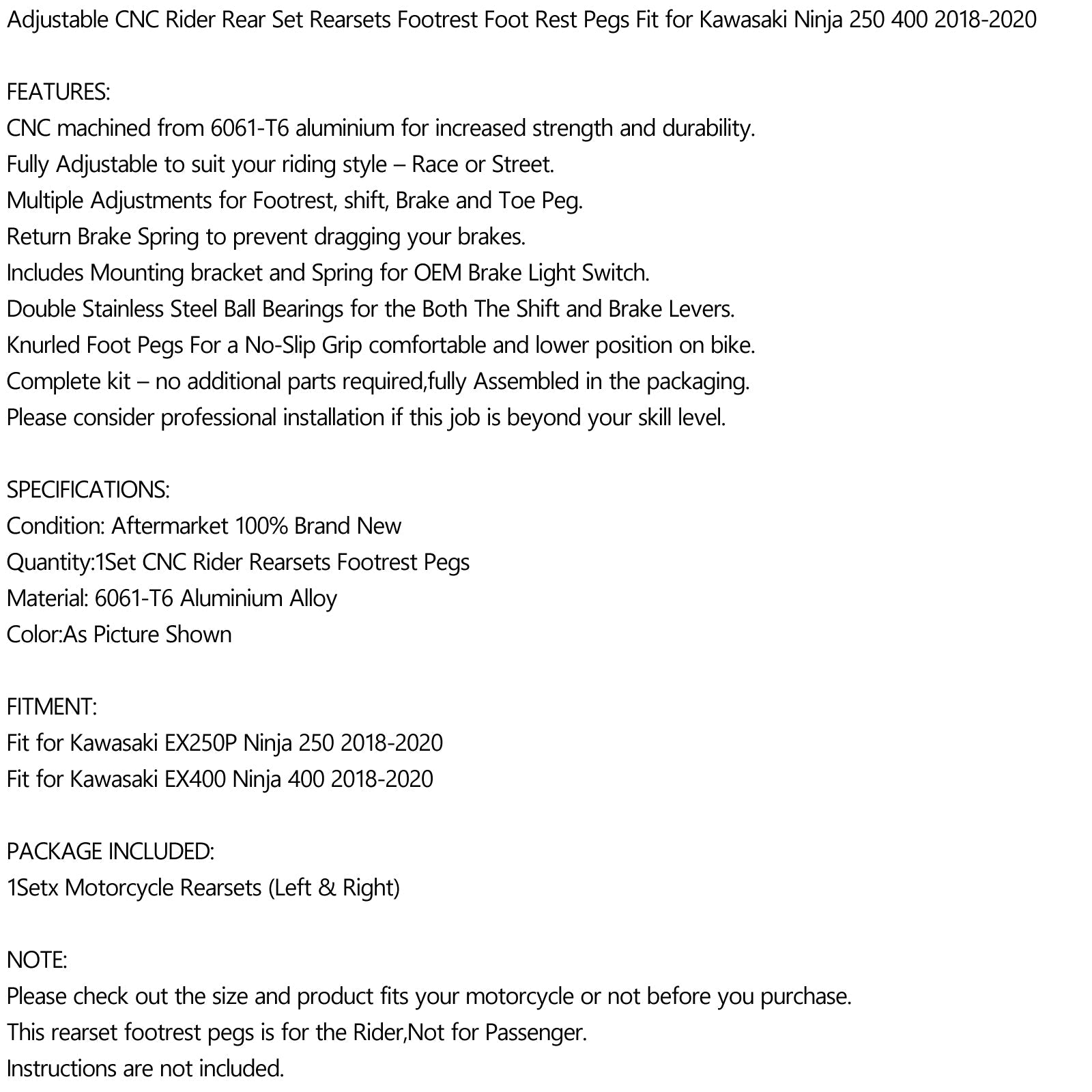 Reposapiés ajustables para Kawasaki Ninja 250/400 2018-2022 genérico