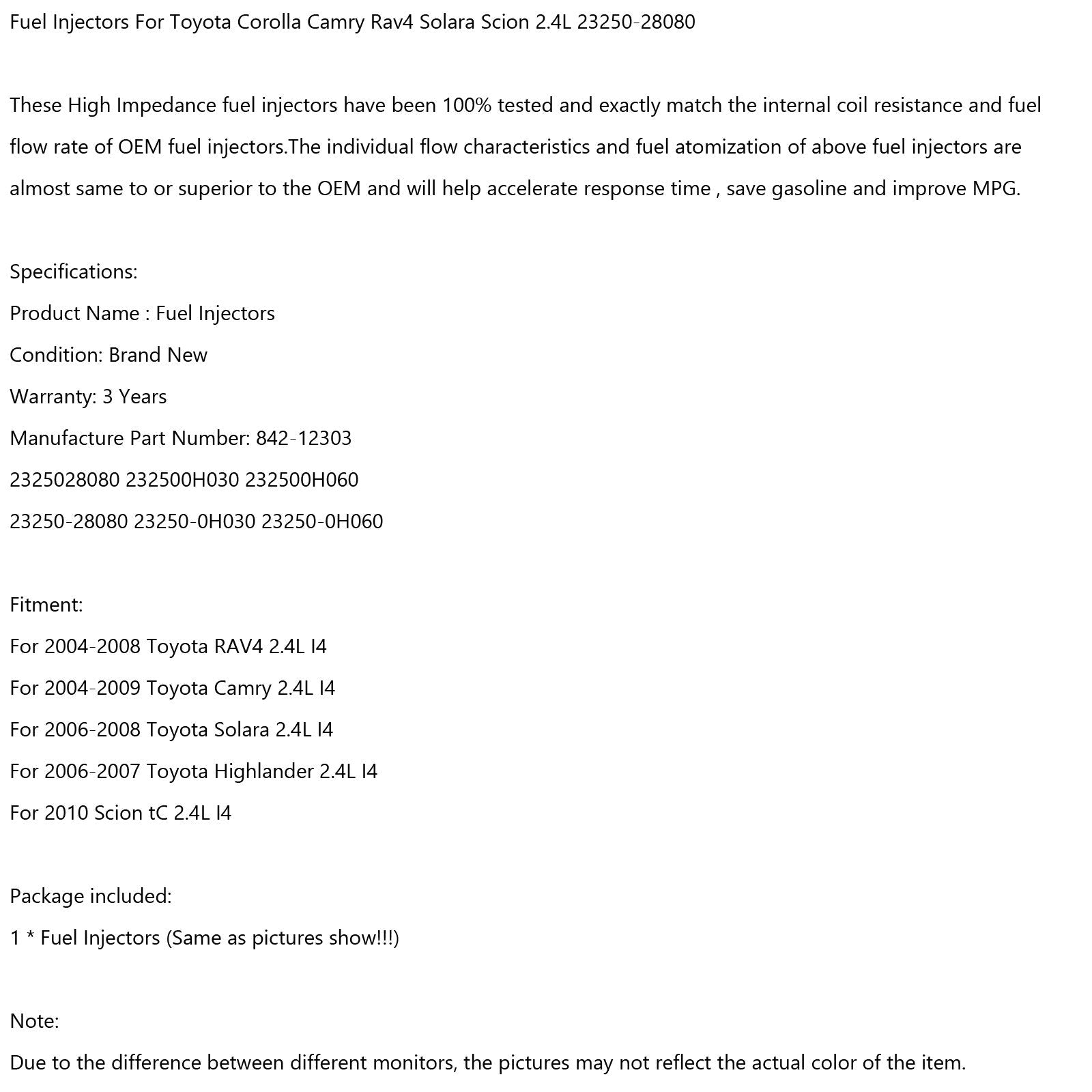 1st bränsleinsprutare passar Toyota Corolla Camry Rav4 Solara Scion 2.4L 23250-28080 Generisk