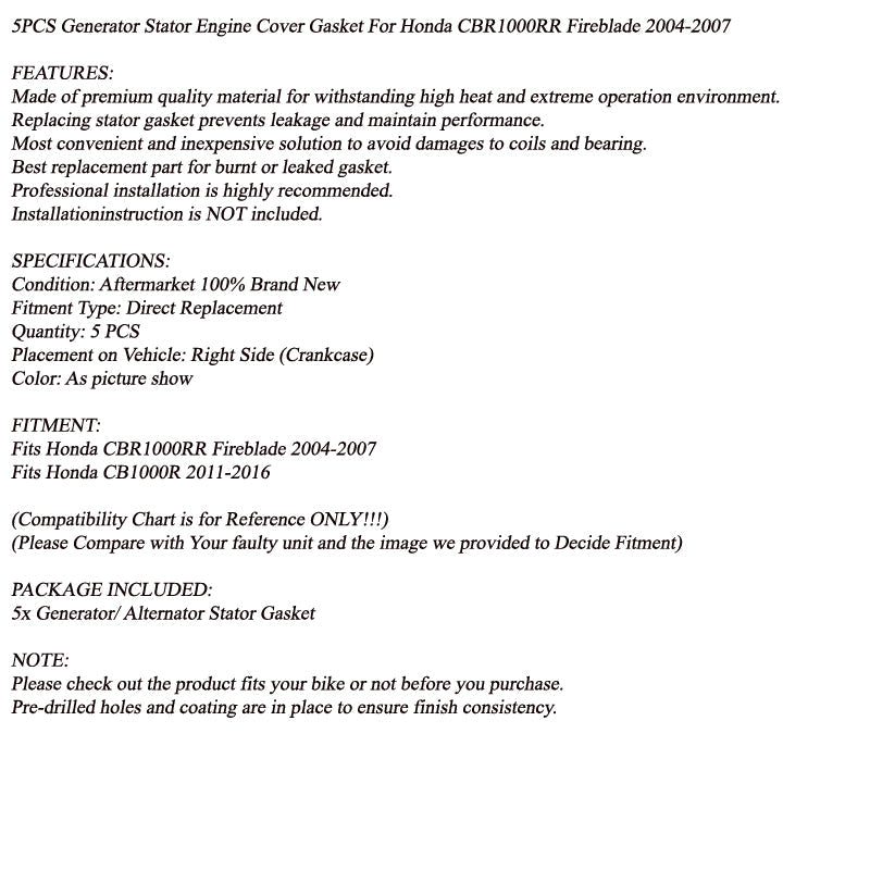 5PCS Stator Cover Gaskets for Honda CBR1000RR Fireblade 04-07 CB1000R 2011-2016 Generisk