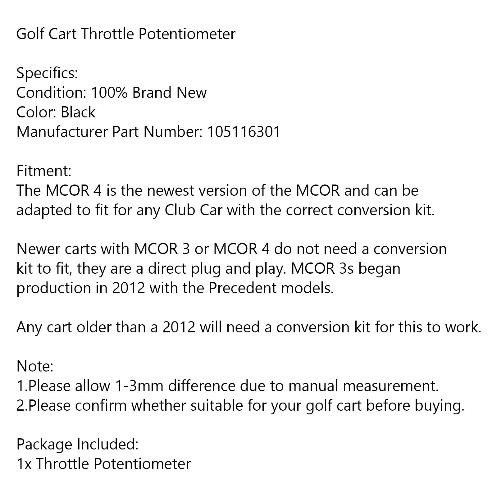 Potenciómetro del acelerador apto para Precedent Golf Car DS Club Car MCOR 4 105116301 genérico