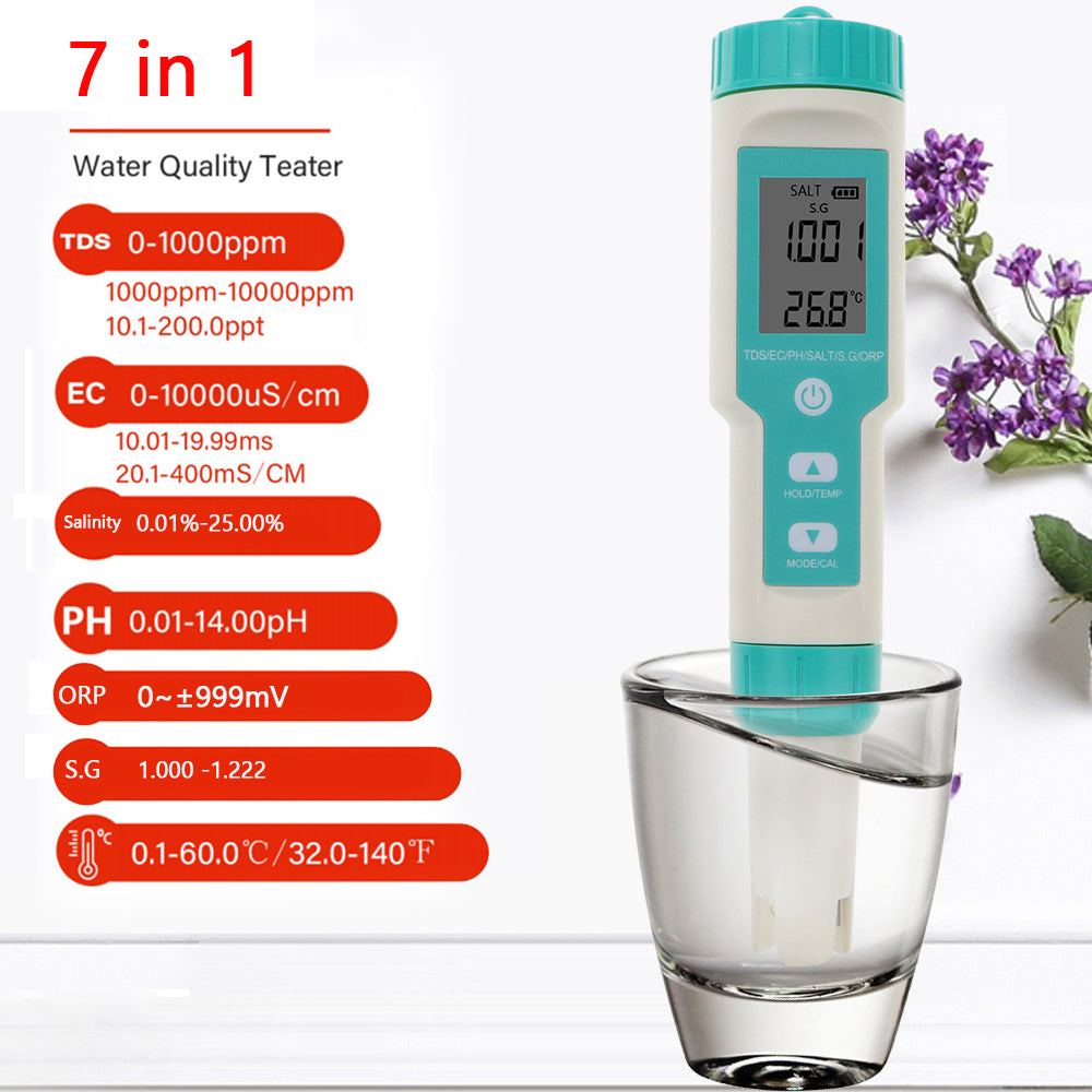 7-in-1 digitale zoutgehalte PH TDS TEMP SG EC ORP-tester Waterkwaliteitsmonitormeter