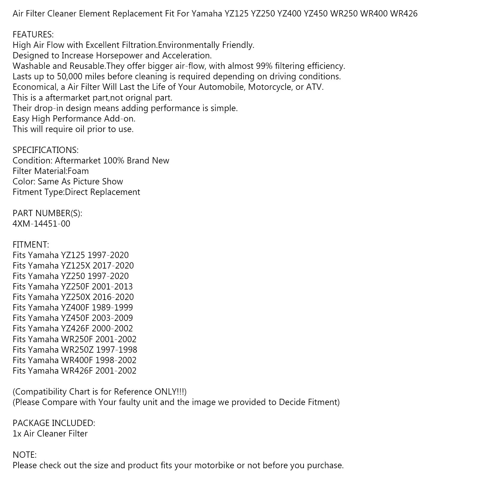 Luchtfilterreiniger voor Yamaha WR400 YZ125 YZ250 YZ400F 426F 450F 4XM-14451-00 Generiek