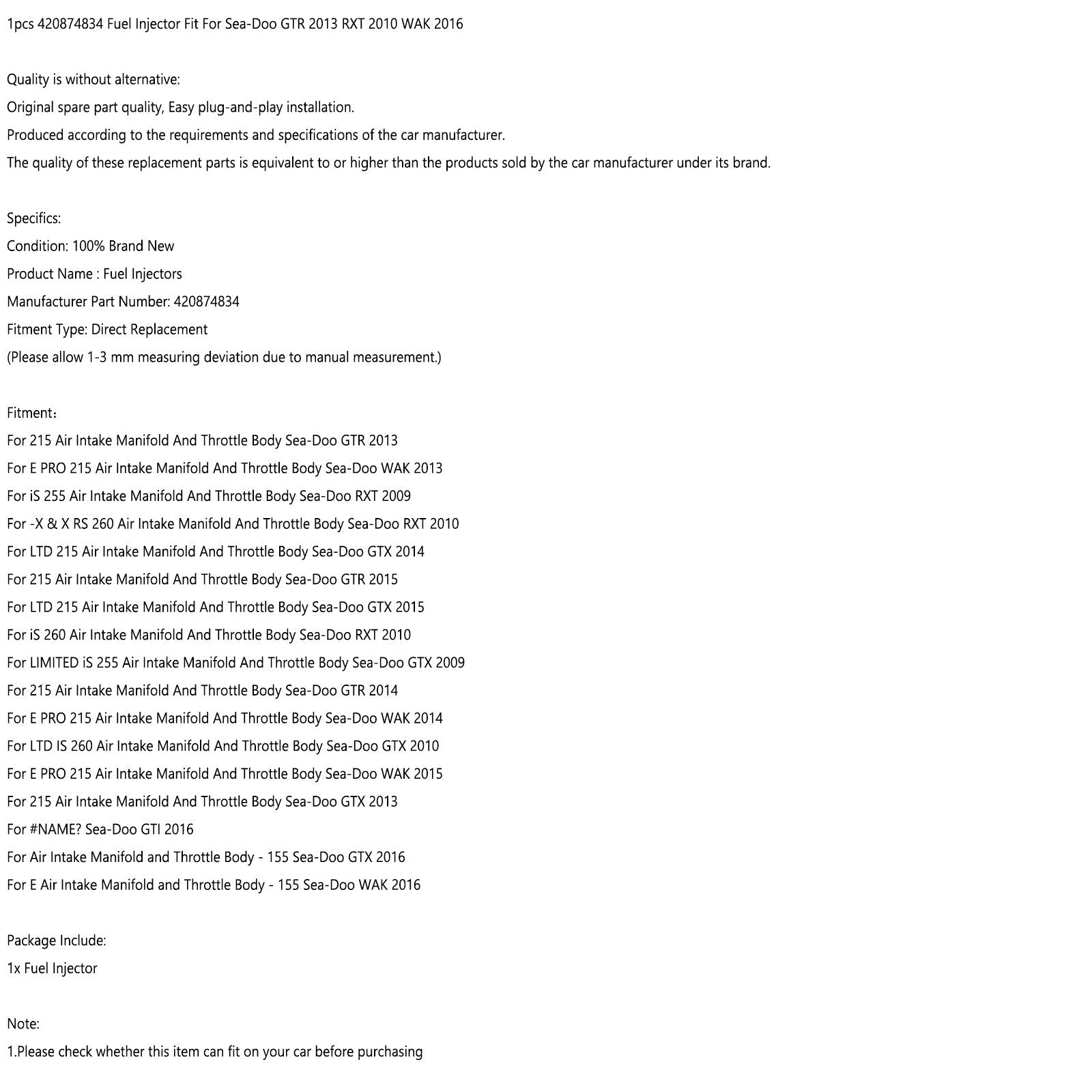 1pcs injecteurs de carburant 420874834 Fit pour Sea-Doo GTR 2013 RXT 2010 WAK 2016