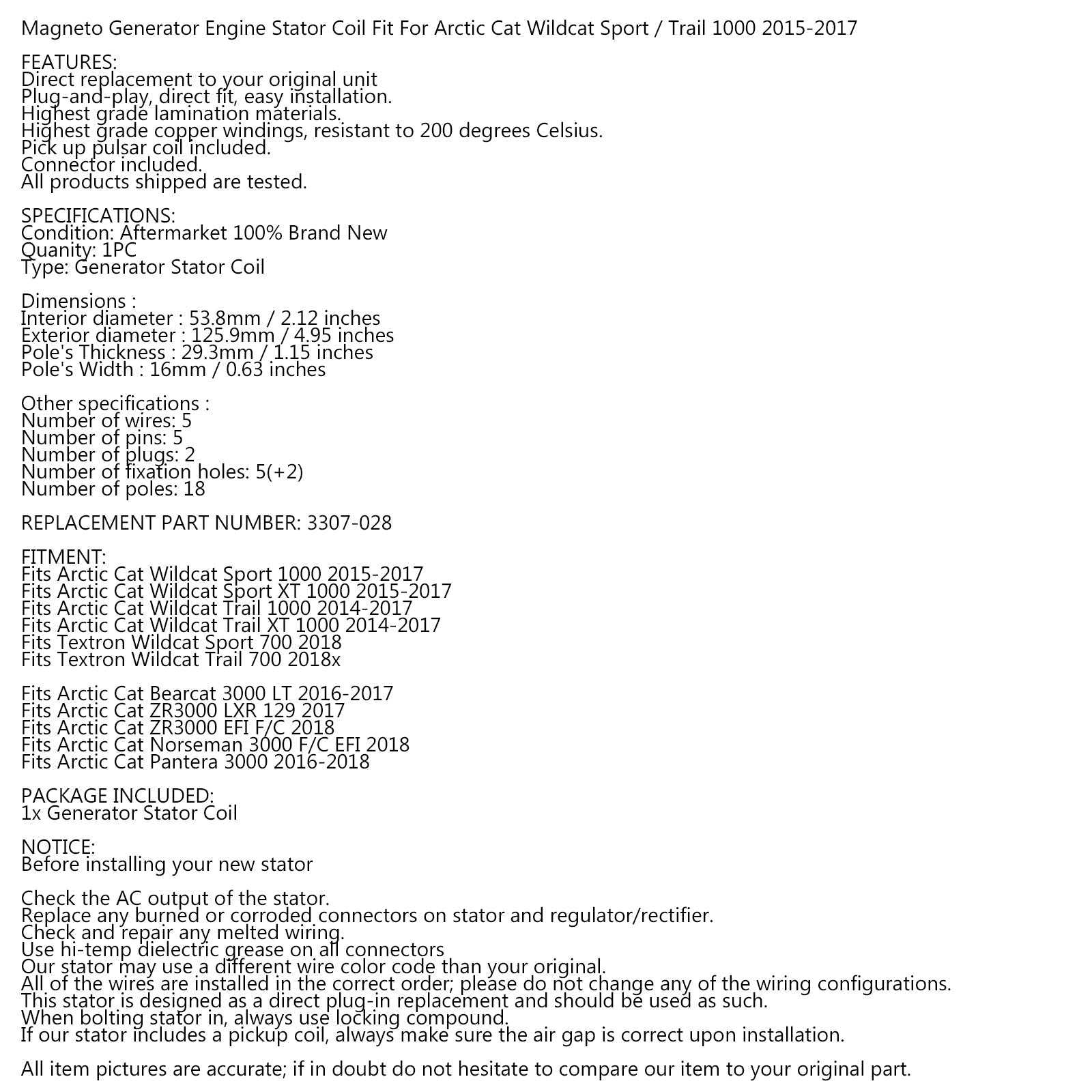 STATORGENERATOR DYNAMO voor Arctic Cat Wildcat Sport Trail 700 1000 XT 14-18 Generiek