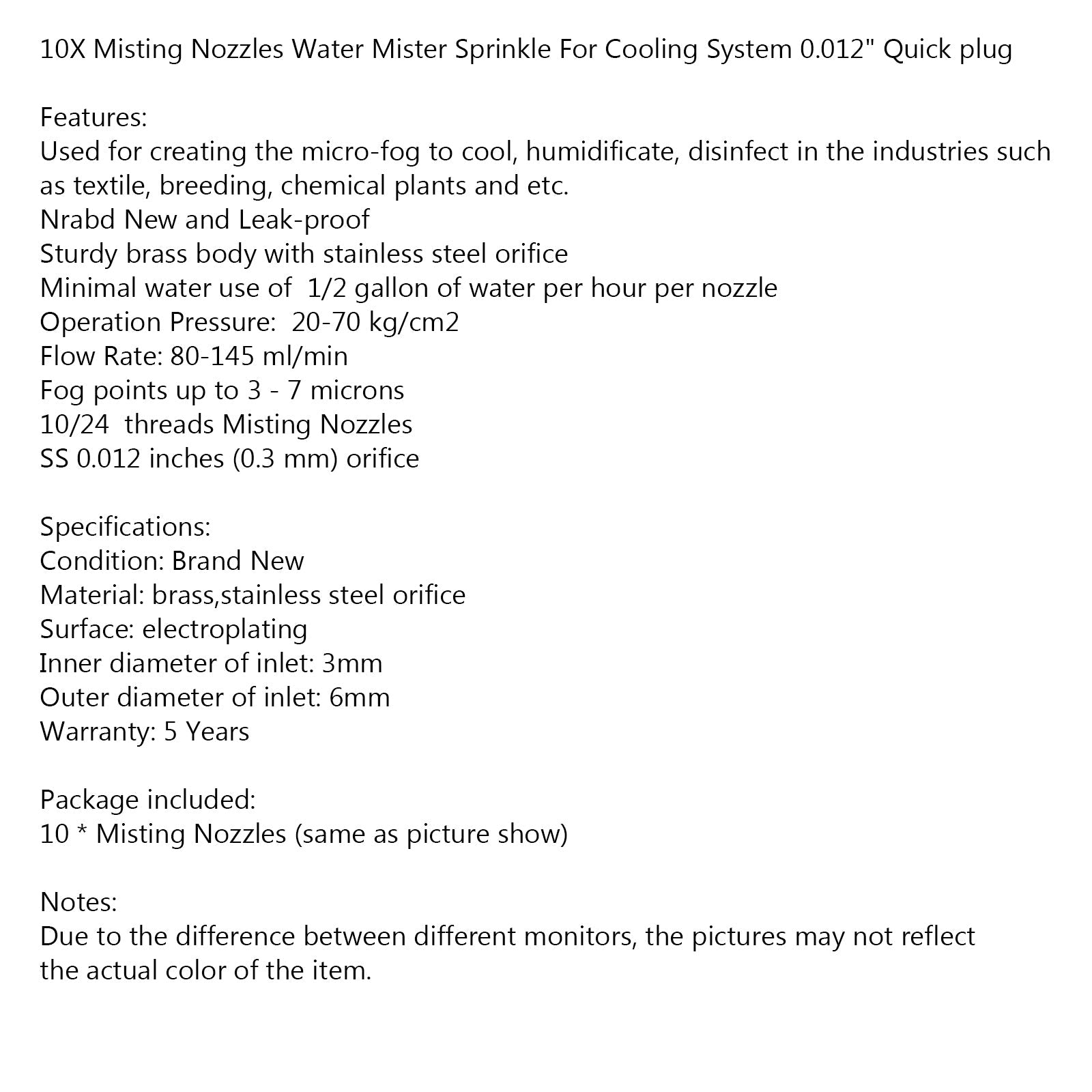 10x vernevelingssproeiers watervernevelaar voor koelsysteem 0.012" Snelle stekker