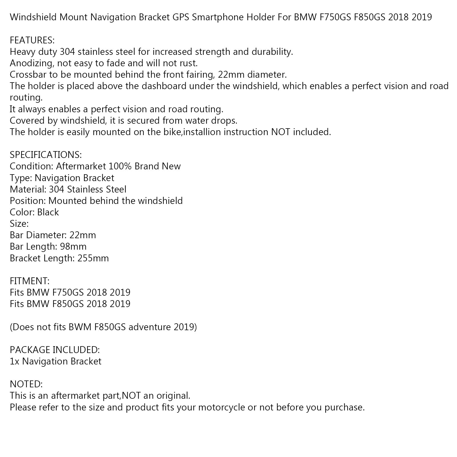 Čierne čelné sklo držiak na držiak smartfónu/držiak GPS pre BMW F750GS F850GS 18-19 Generic