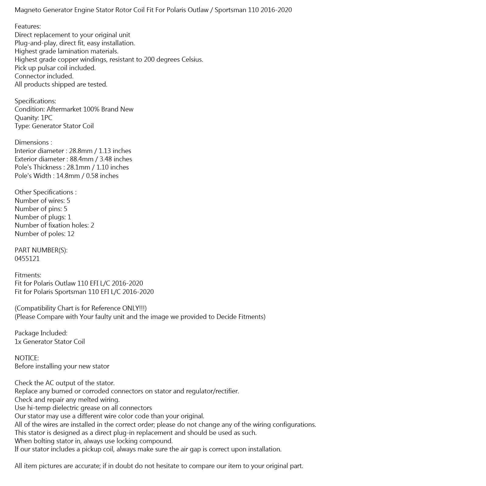 Areyourshop Alternator Stator Fit for Polaris Outlaw 110 Sportsman 110 2016-2020 0455121 generický