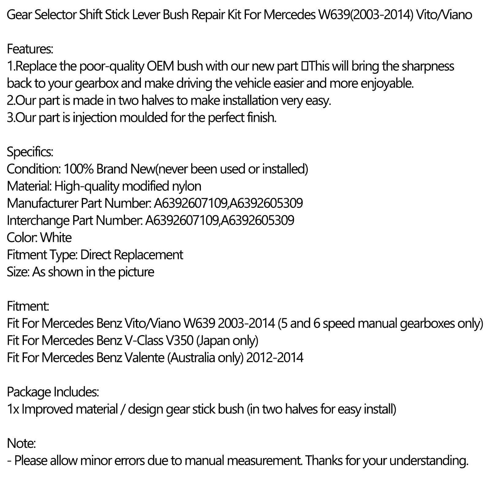 Kit de réparation de bague de levier de vitesse pour Mercedes W639 Vito Viano