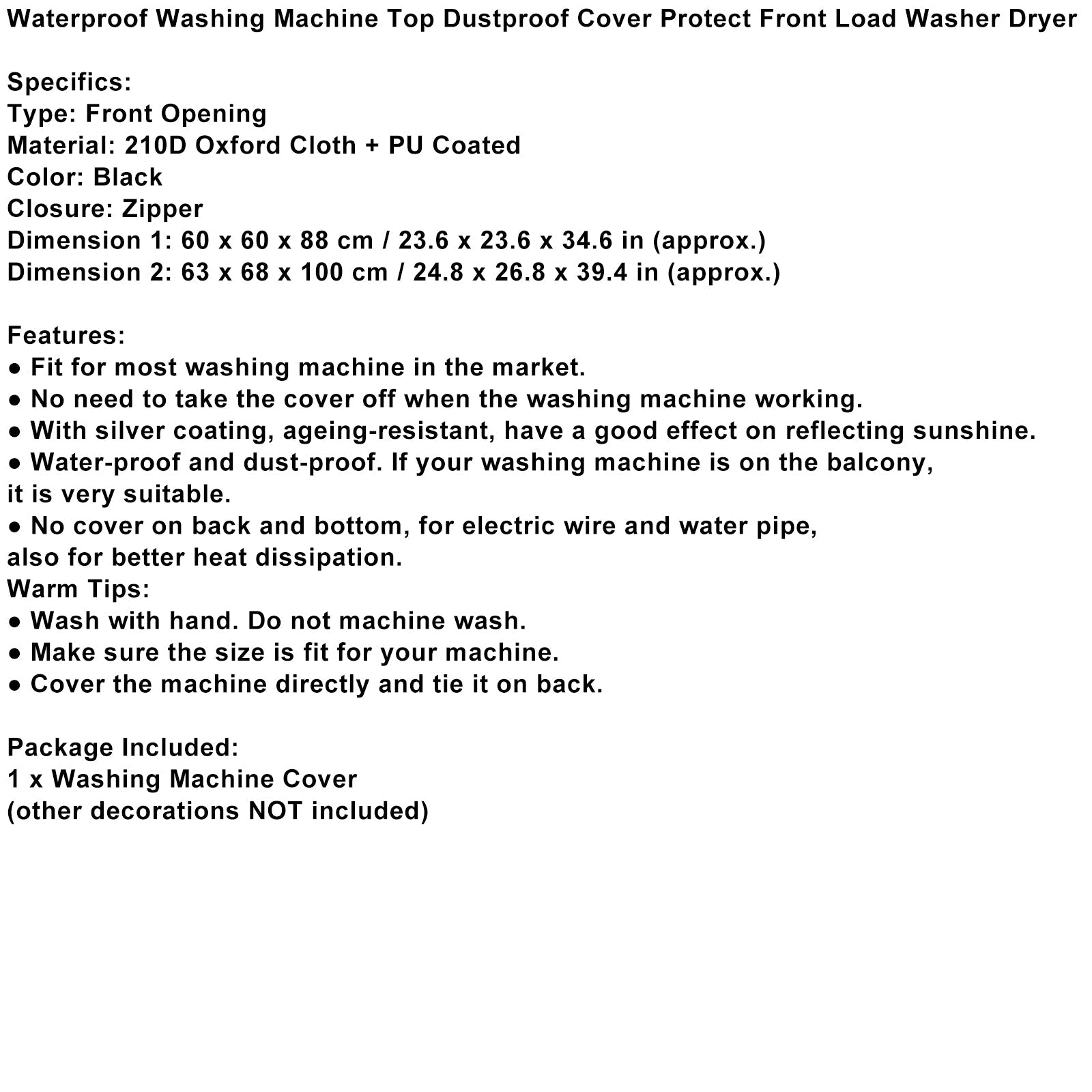 Waterdichte wasmachine Bovenste stofdichte hoes Beschermt voorlader was-droogcombinatie