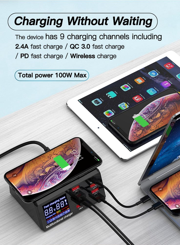 100W PD Fast Charger 8 Ports USB Charger QC 3.0 Adapter HUB Wireless Charger UK