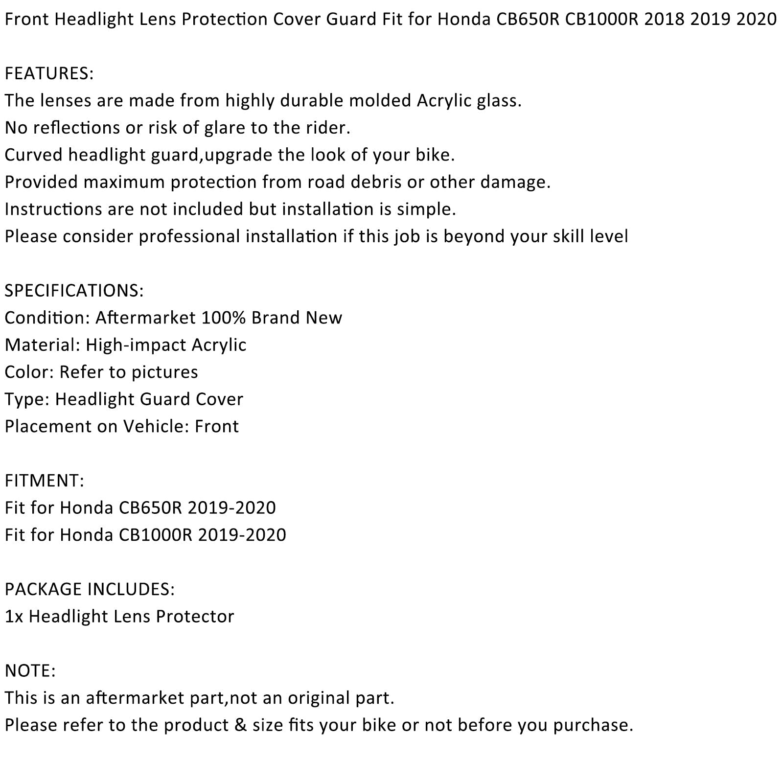 Protección de lente de faro delantero para Honda CB650R CB1000R 2019 2020 genérico