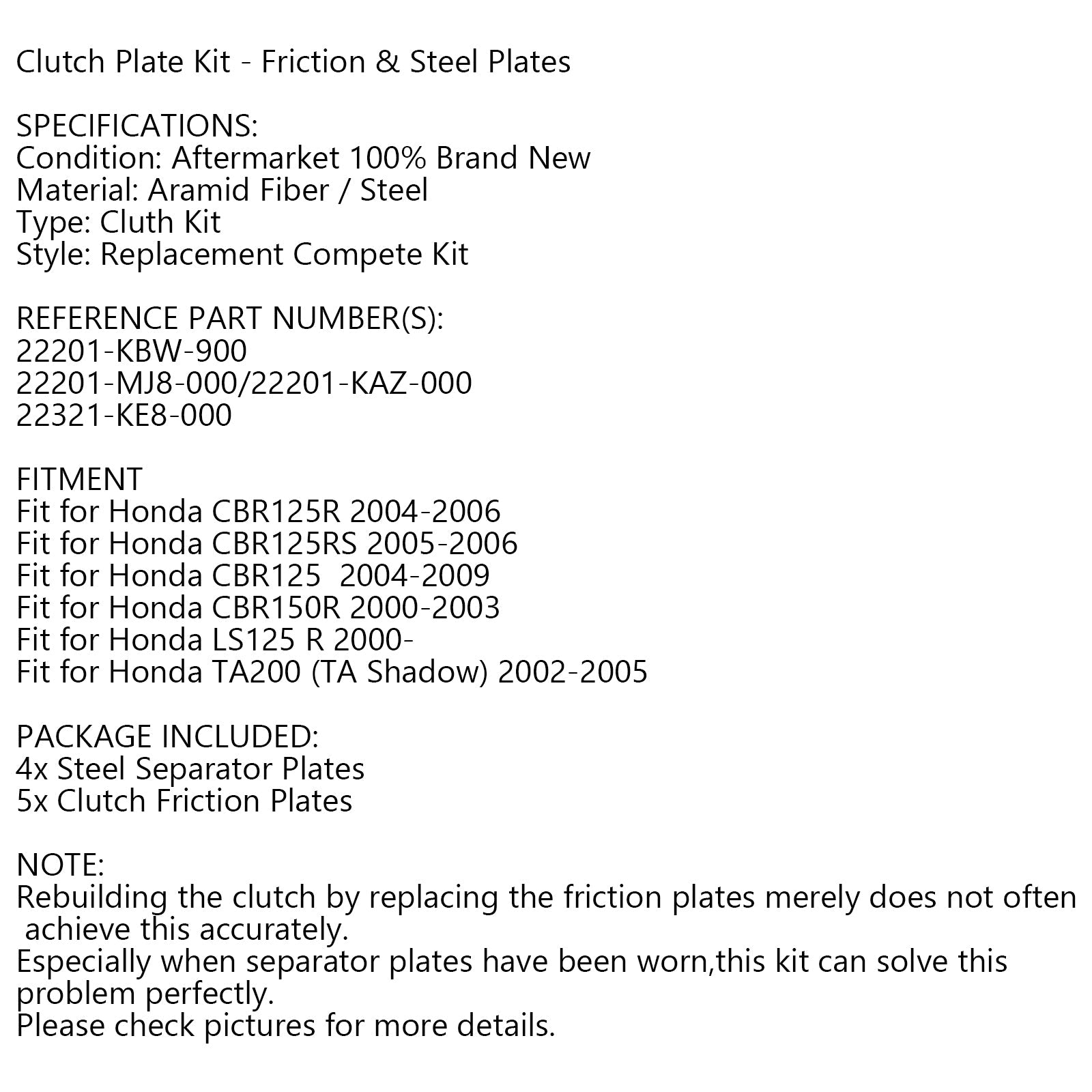 Kopplingssats stål & Friktionsplattor passar för Honda CBR125R CBR125 CBR150R TA200 Generisk