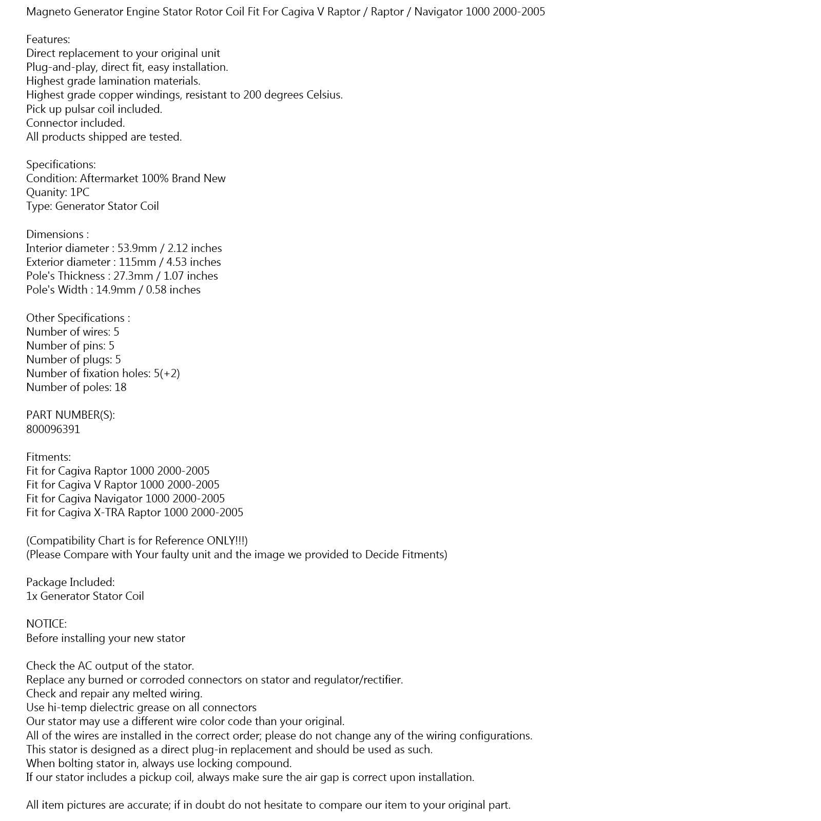 Areyourshop Générateur de stator magnétique adapté pour Cagiva Navigator X-TRA V Raptor 1000 2000-2005