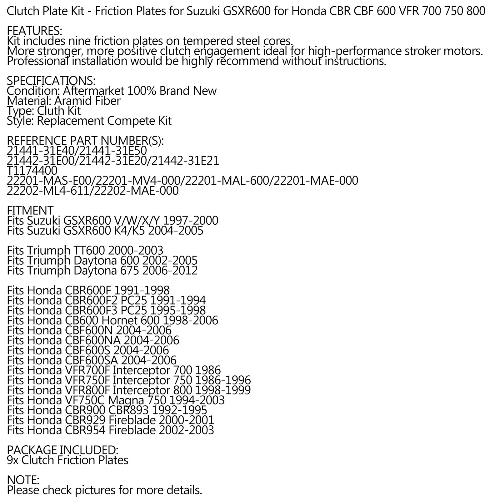 Kit de placa de fricción de embrague para Honda CBR CBF 600 VFR 700 750 800 genérico