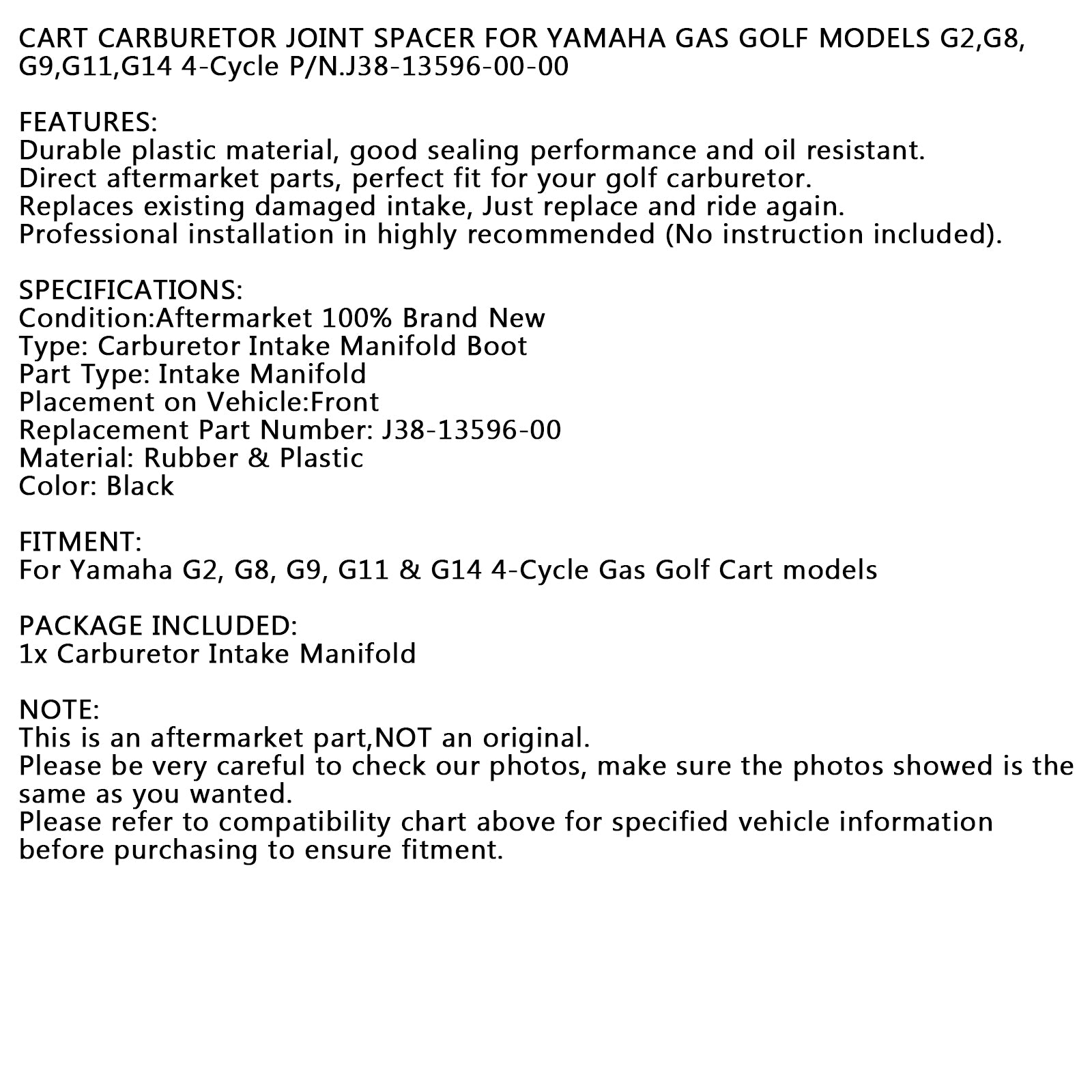 G14 J38-13596-00-00 G9 CARBURETOR JOINT SPACER FOR YAMAHA GOLF CART G2 G11 G8