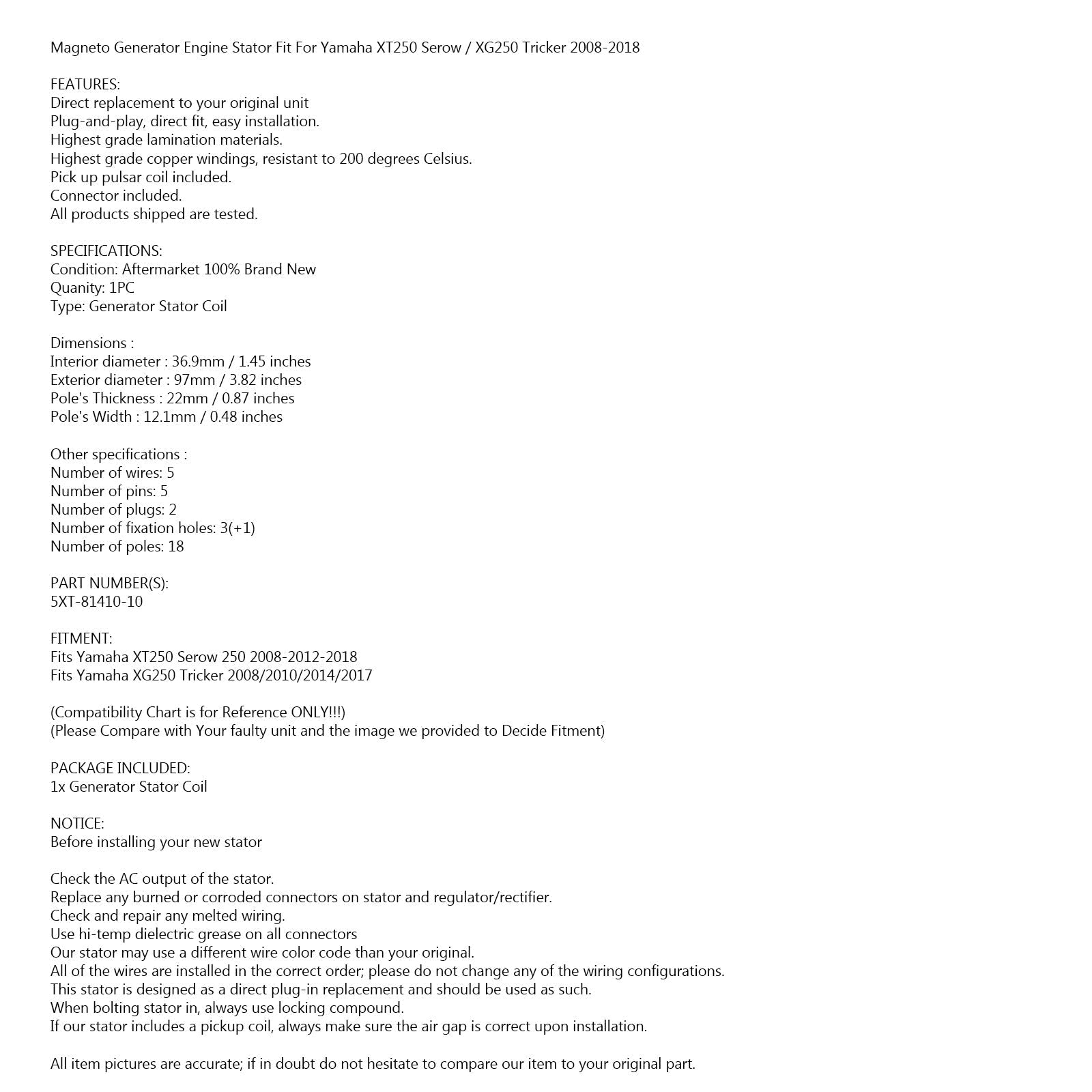 Statorgeneratorgenerator som passar för Yamaha XT250 XG250 Tricker 5XT-81410-10-00