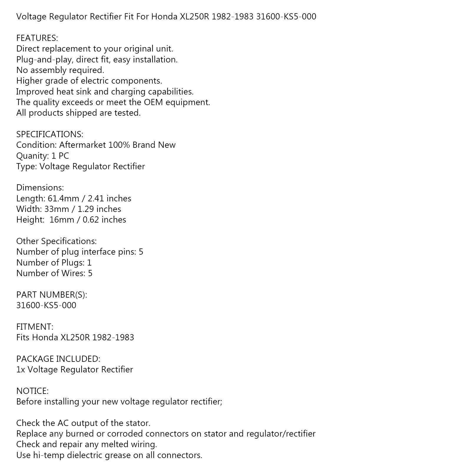 Regulador rectificador de voltaje para Honda XL250 R 1982 1983 SH542-12 31600-KS5-000 genérico
